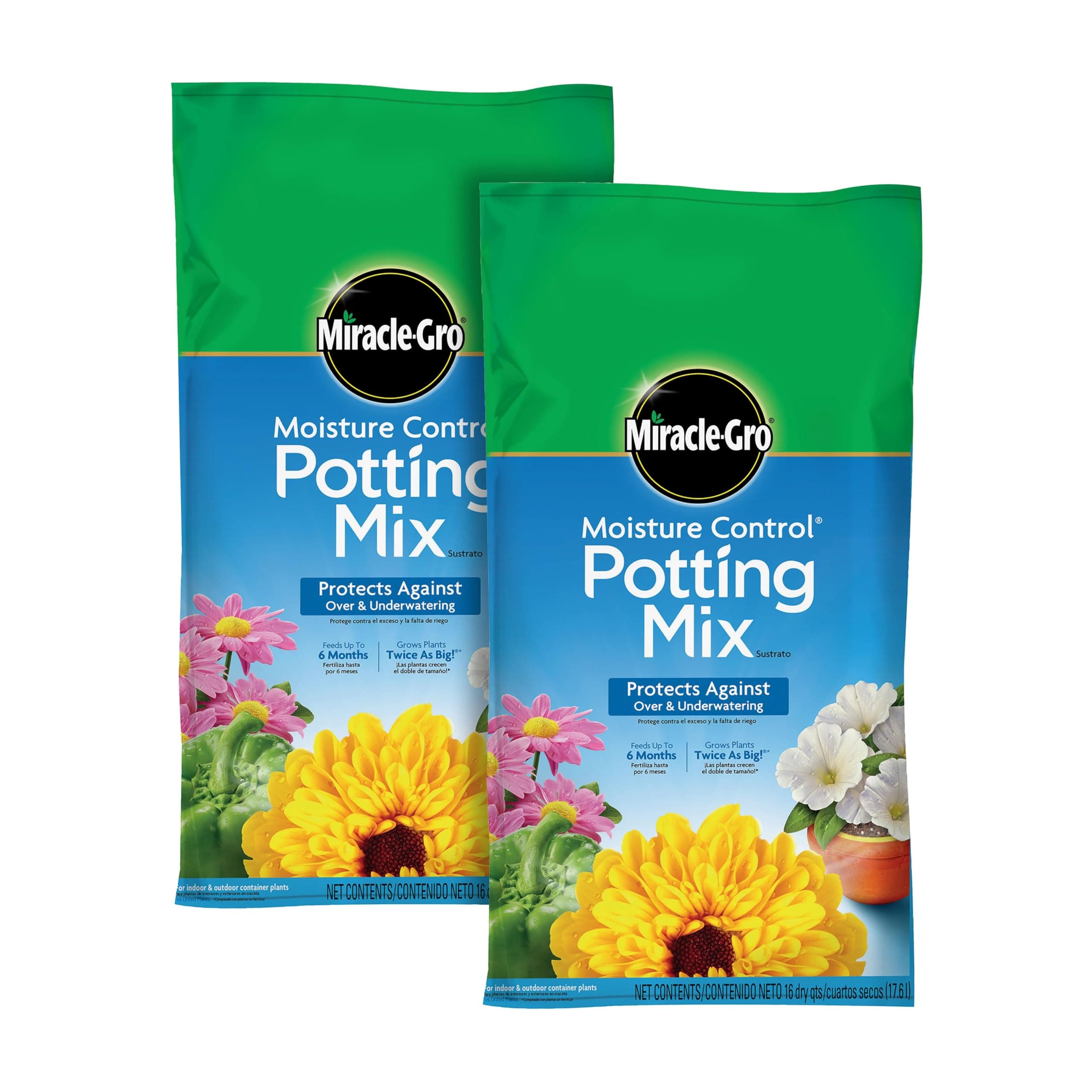 Miracle-Gro Moisture Control Potting Mix - Plant Soil for Container Plants, Protects Against Over- and Under-Watering, 16 qt. (2-Pack)