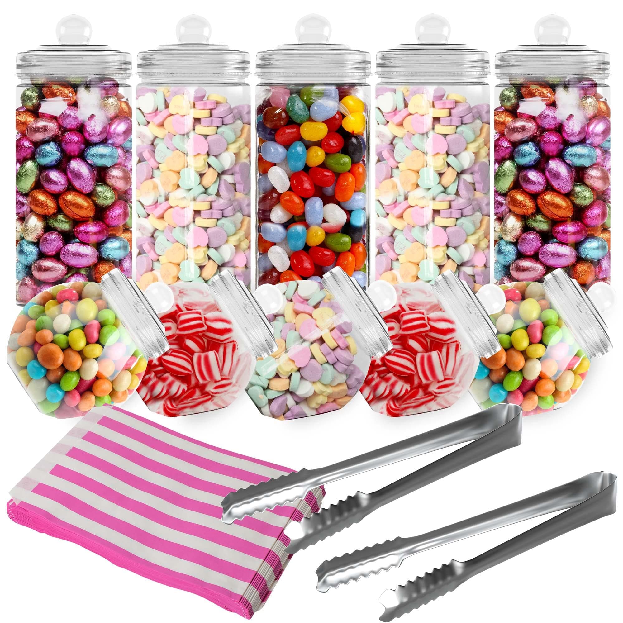 10 Retro Plastic Sweet Jars - Empty Sweet Jars With Lids, Vintage Victorian Style Sweets Jar Set, Pick & Mix Candy Buffet Kit for Parties With 2 Tongs & 50 Pink Candy Stripe Paper Bags