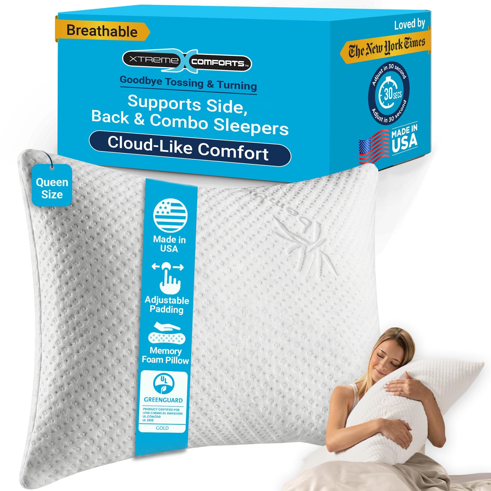 Shredded Memory Foam Pillow- Allergy-Friendly & Cooling Pillow Cover for Side, Back & Stomach Sleepers- Machine Washable - Foam Pillows for Sleeping & Neck Pain Relief (Queen)