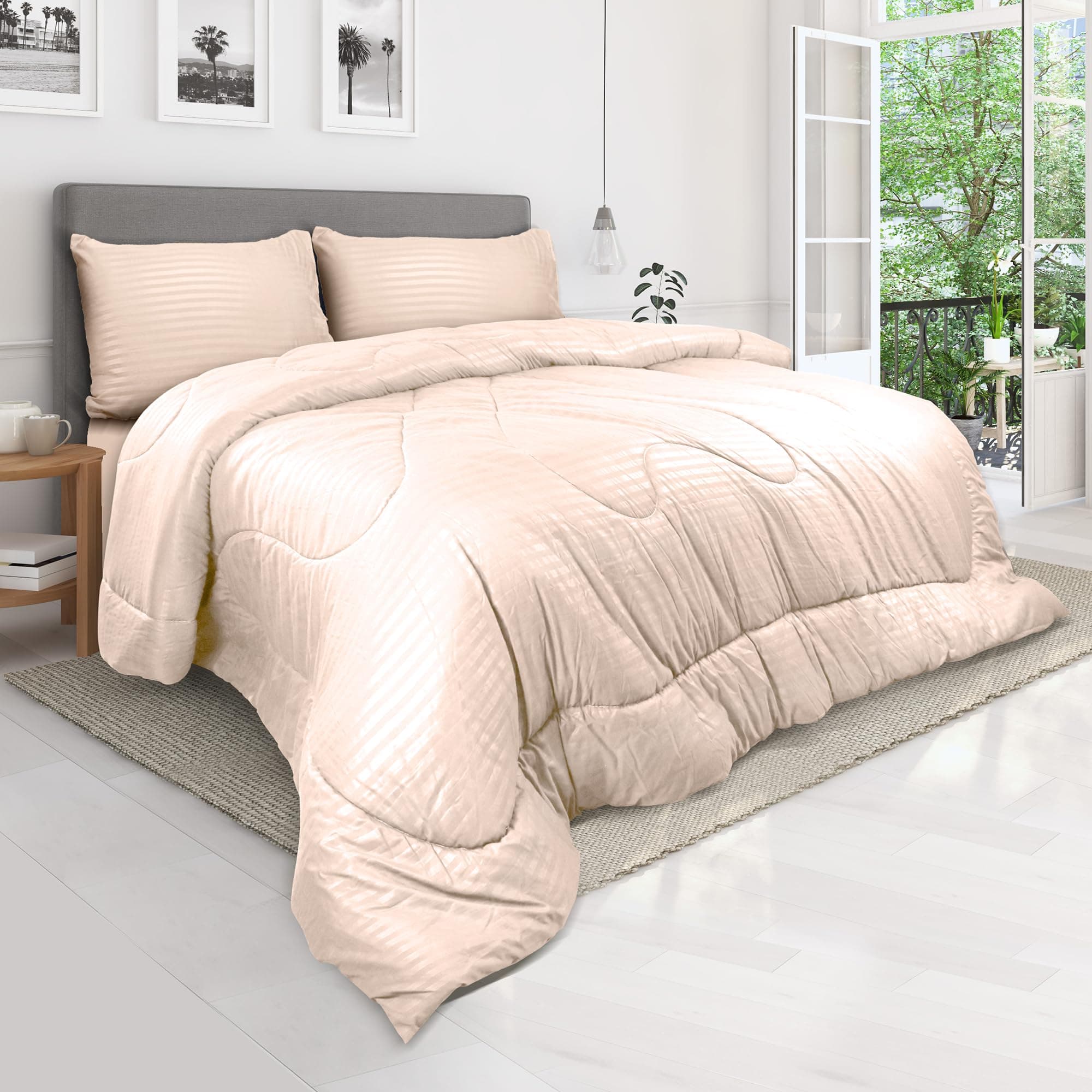 Hotel Linen Klub Down Alternative Comforter Set -Ultra Soft Brushed Stripe Microfiber Fabric, 200GSM Soft Fibersheet Filling, Size :Single 160 x 200cm, Color: Cream