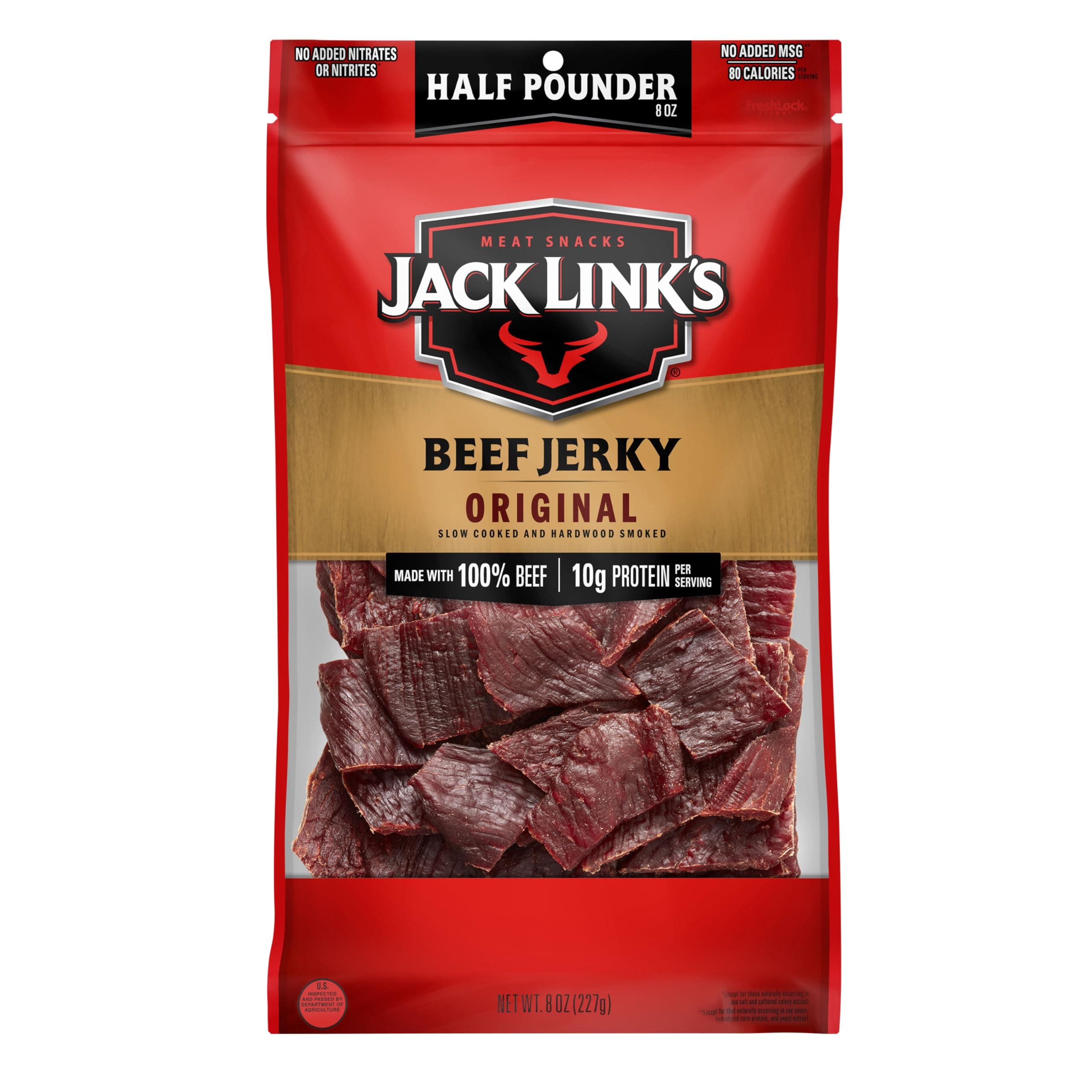 Beef Jerky Half Pounder - Original - Made with 100% Real Beef - Ready to Eat Real Meat Protein Snacks - 10g Protein per Serving - 8 oz Large Jerky Bag