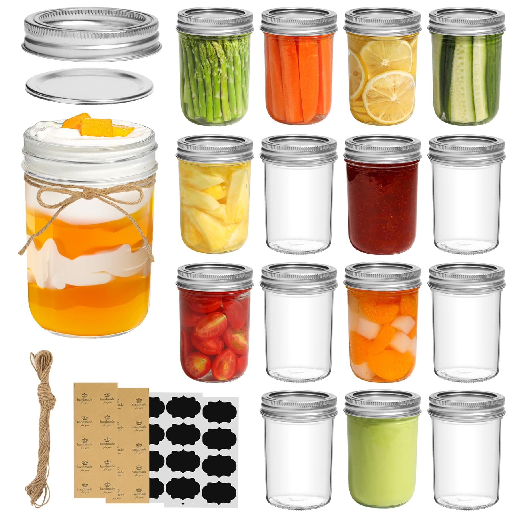 Small Mason Jars 8oz - 16 Pack, Regular Mouth Mason Jar with Lids and Seal Bands, Glass Half Pint Canning Jar for Spice, Jam, Honey, Pickle, Dessert, Shower Wedding Favors, DIY Candles Decor