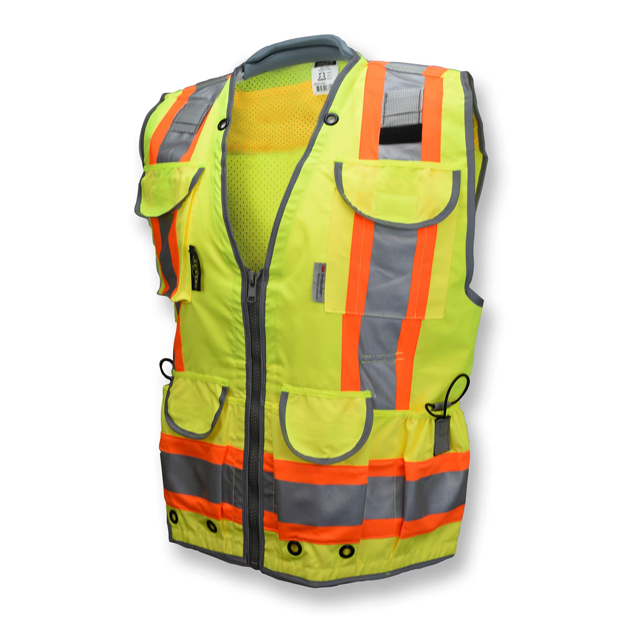 Radians SV55 Class 2 Heavy Woven Two Tone Engineer Vest with Padded Neck to Support Extra Weight in Cargo Pockets, Hi Viz Green or Hi Viz Orange