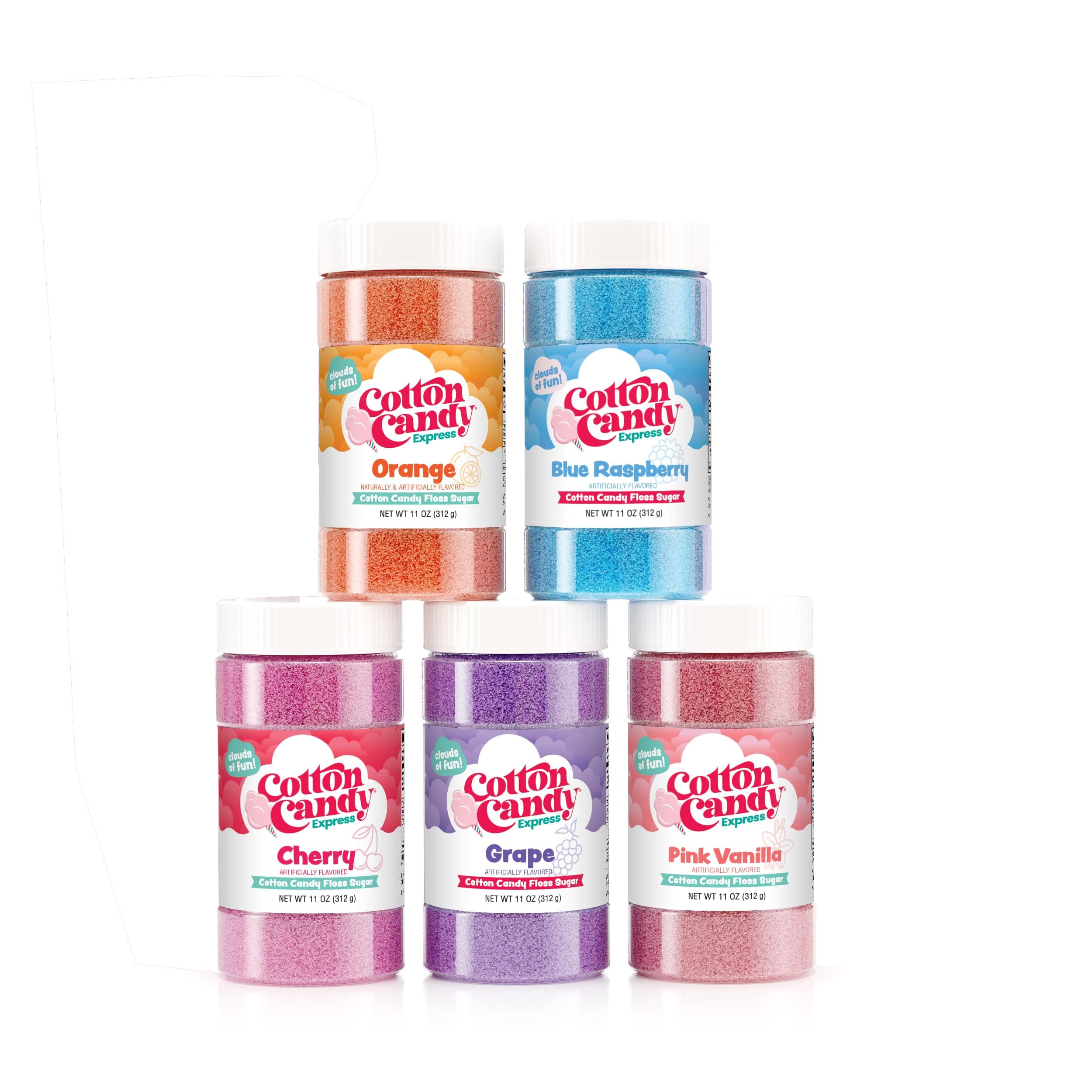Cotton Candy Express Floss Sugar Variety Pack with 5 - 11oz Plastic Jars of Orange, Blue Raspberry, Pink Vanilla, Grape, & Cherry Flossing Sugars. Use with Cotton Candy Express Countertop Machine
