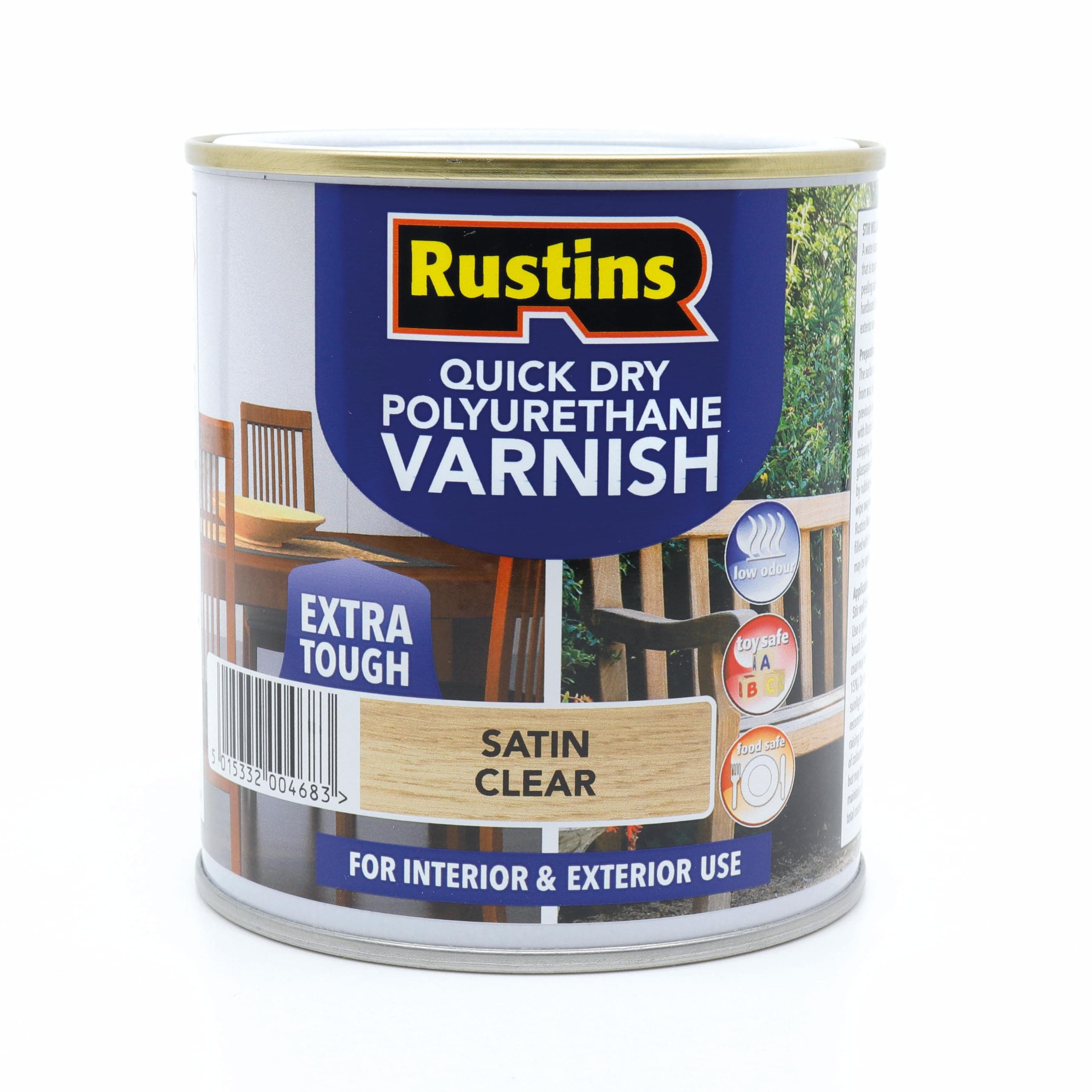 RustinsQuick Dry Poly Varnish Satin Clear 500ml -Tough, Water-Based Clear Finish in Gloss, Matt or Satin; Durable Protection for Interior Wood, Furniture and Floors