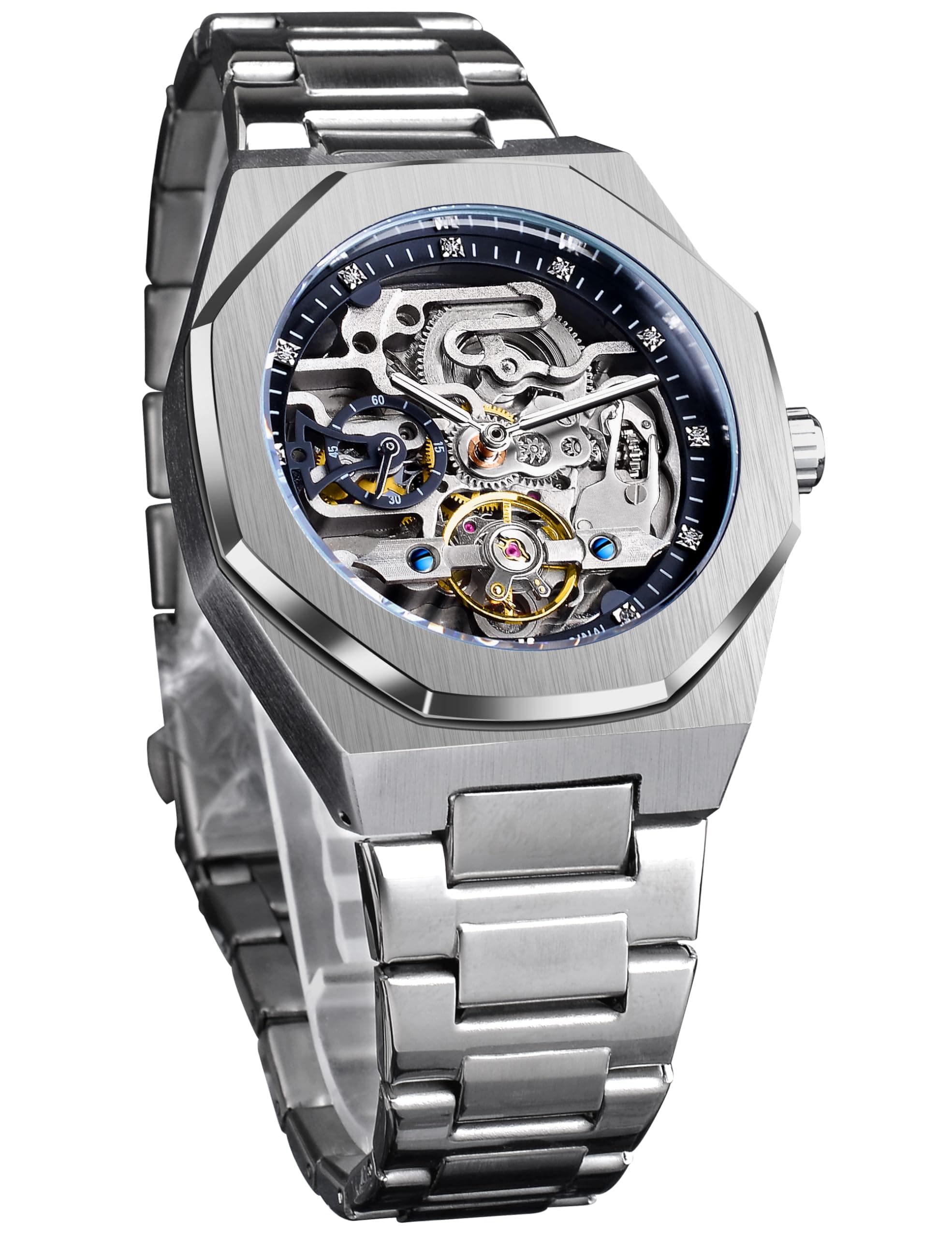 Vintage Watch for Men Engraved Automatic Self-Wind Mechanical Big Dial Luminous Moon Phase Golden Hollow Tattoo Pattern Wrist Watches, Mechanical