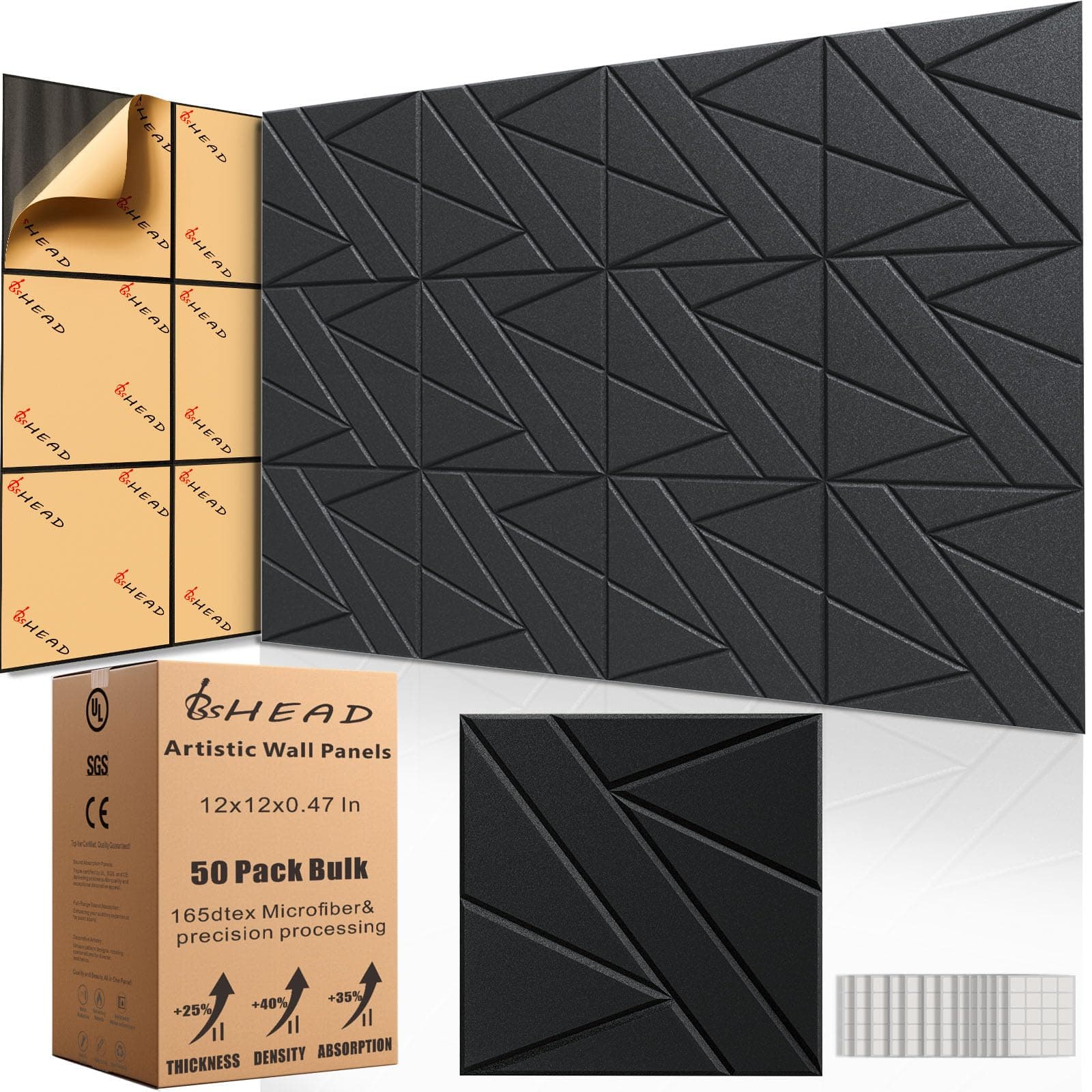 50 Pack Bulk Self-Adhesive Soundproof Wall Panels, 12 x 12 x 0.47 in Sound Proof Foam Panels for Walls, 1.2lb/ft³ High Density, Thicker 0.47in, Acoustic Panels, Duty for Large Walls Black