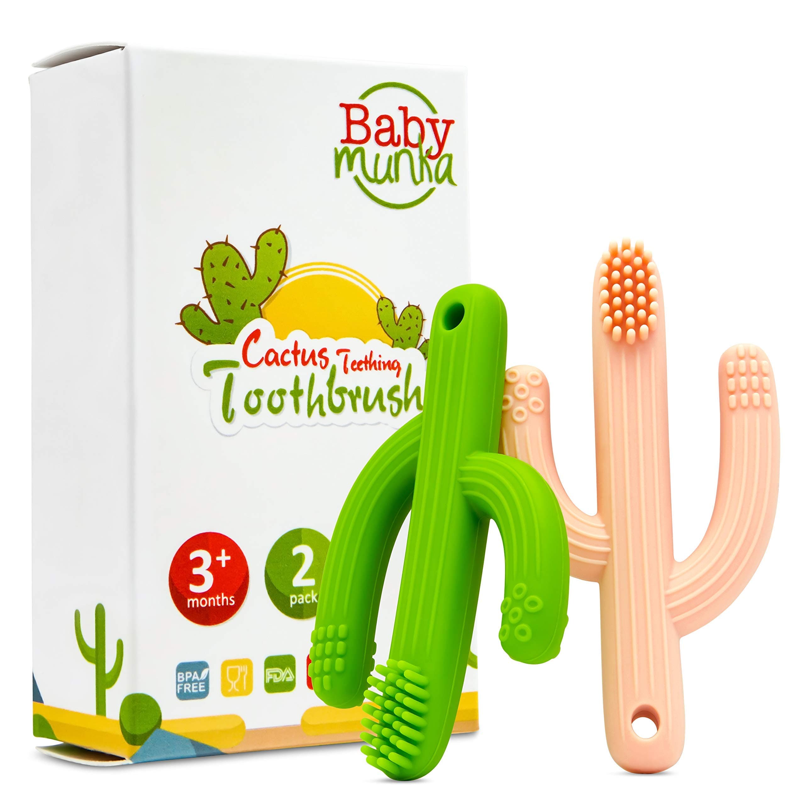 Cactus Infant Teether Soft Baby Training Toothbrush Silicone Flexible (2-Pack) 1-Green 1-Peach 100% BPA-Free