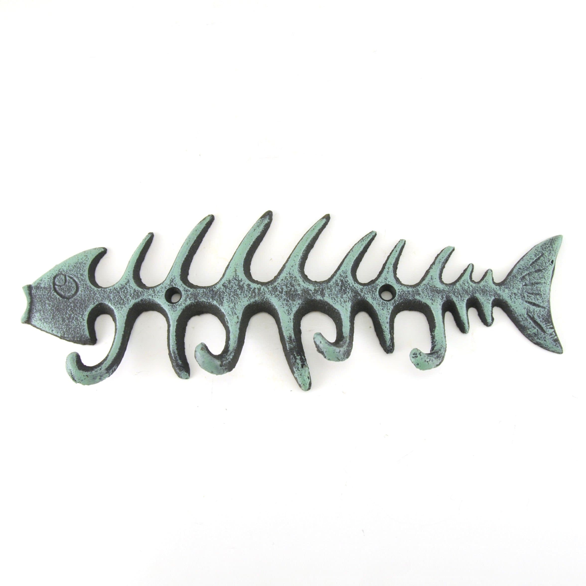 Key Holder Rack, Verdigris Cast Iron Fish Skeleton, Nautical Wall Decor, 9.5-inch