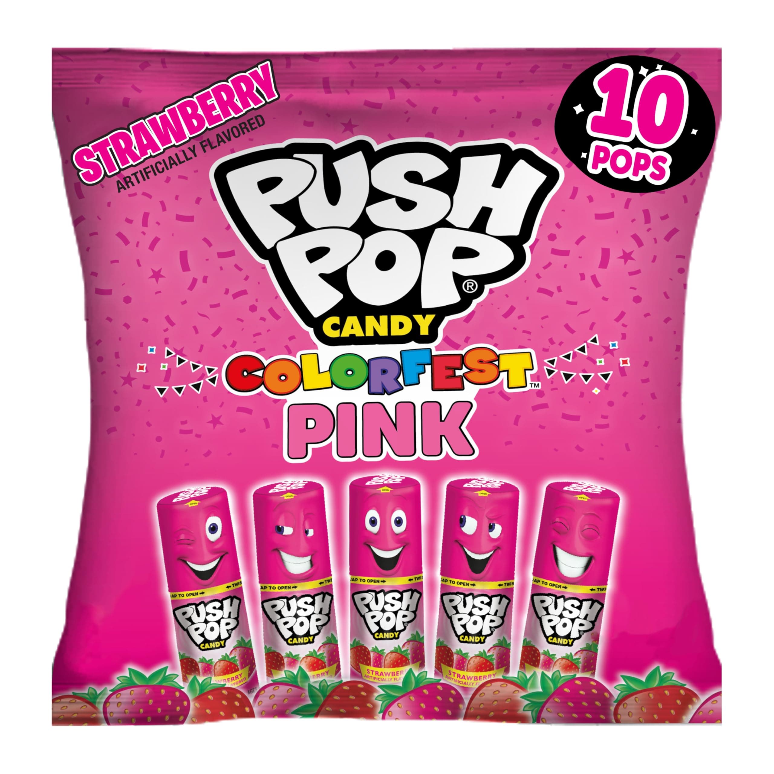 Push Pop Pink Easter Candy Lollipops, 10 Ct Individually Wrapped Lollipops in Pink Strawberry Flavor, Full Size, Fun Hard Candy For Birthday Parties, Easter Basket Stuffers, Egg Fillers, Party Favors