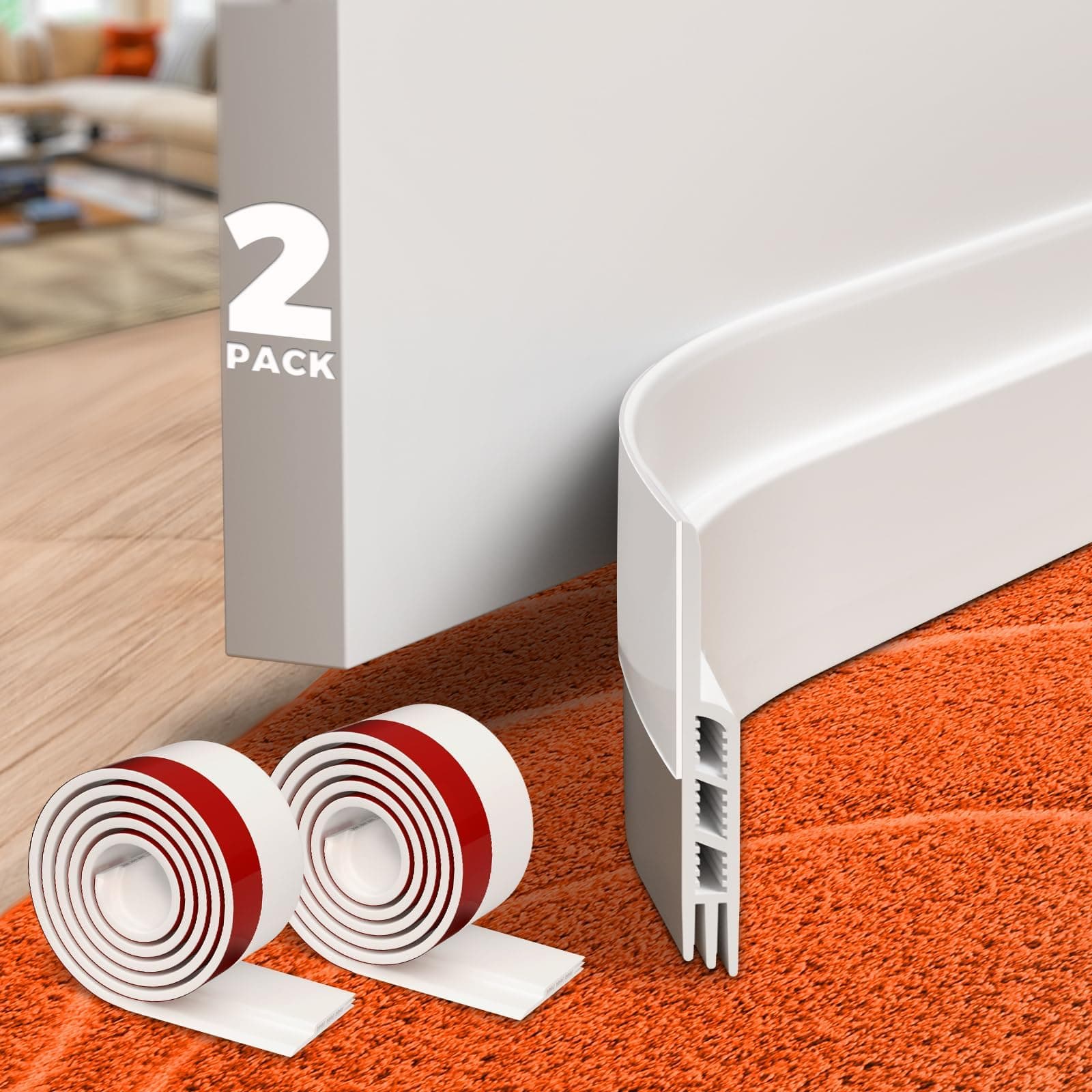 Holikme 2 Pack Draft Stopper Under Door Blocker Insulator Sweep Weather Stripping Noise Stopper Strong Adhesive White 39" Length