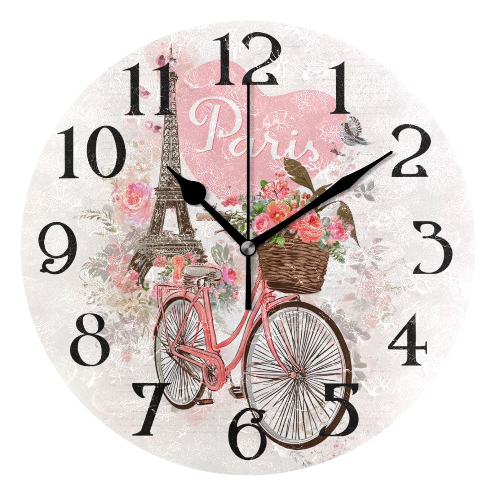 ALAZA Modern Wall Clock Non-Ticking Kitchen Clock Paris Eiffel Tower Bicycle Decorative Round Clocks 9.5 in Battery Operated Quartz Analog Desk Clock Living Room Bathroom Garden Home Decor