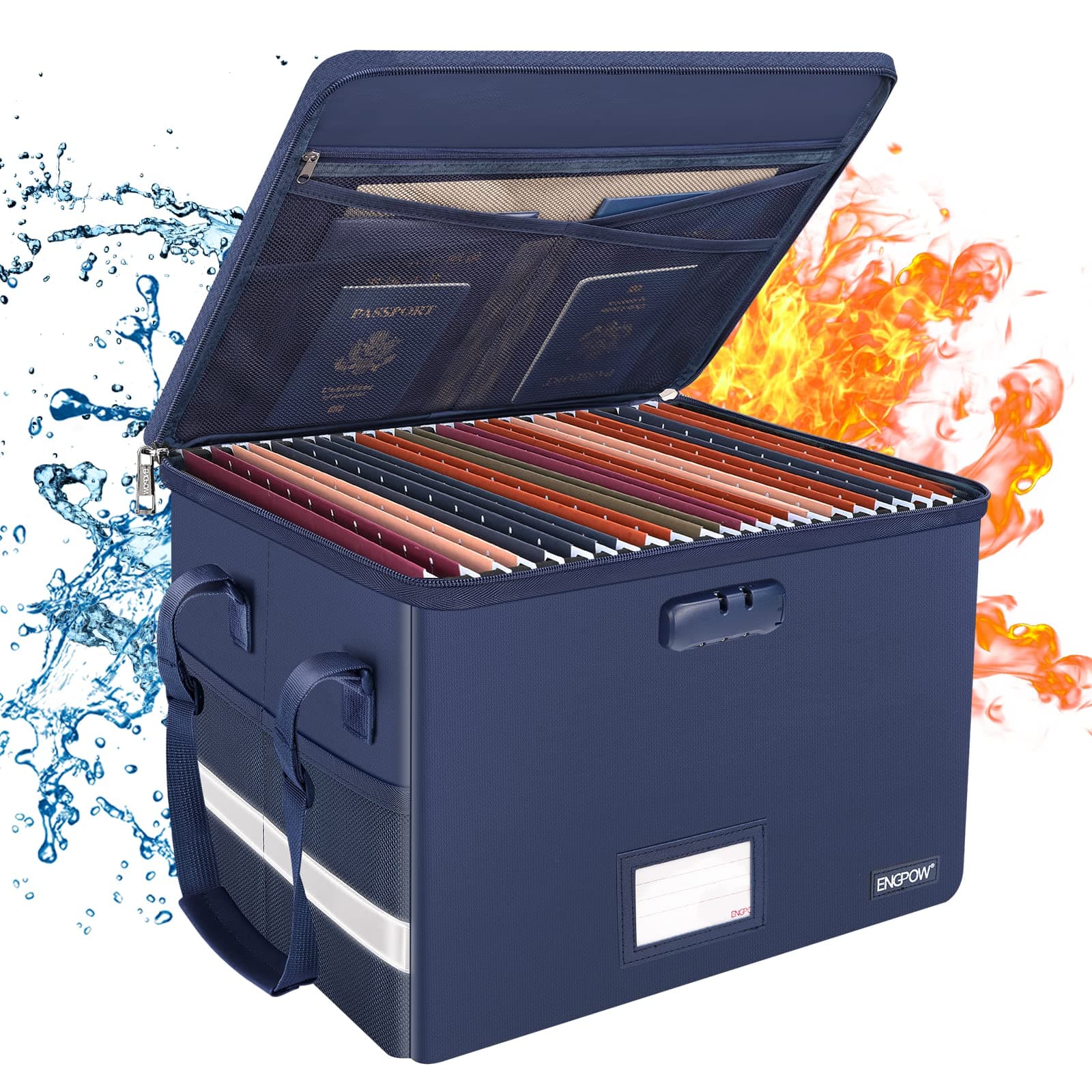 File Box with Lock,ENGPOW Fireproof Document Box with Zipper Lid,Collapsible File Organizer Storage Box Filing Box with Handle,Portable Home Office Safe Box for Hanging Letter/Legal Folder,Blue