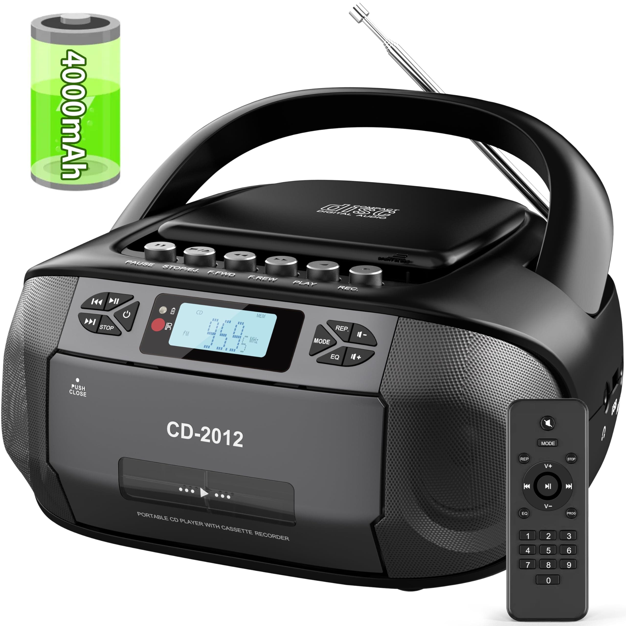 Sunoony Boombox Cassette CD Player Combo with Bluetooth5.3,Built-in 4000mAh Rechargeable Battery,FM Radio,Remote Control,Tape Recording,Dual Stereo Speakers,3.5mm Earphone Jack/AUX/USB for Home, Kids