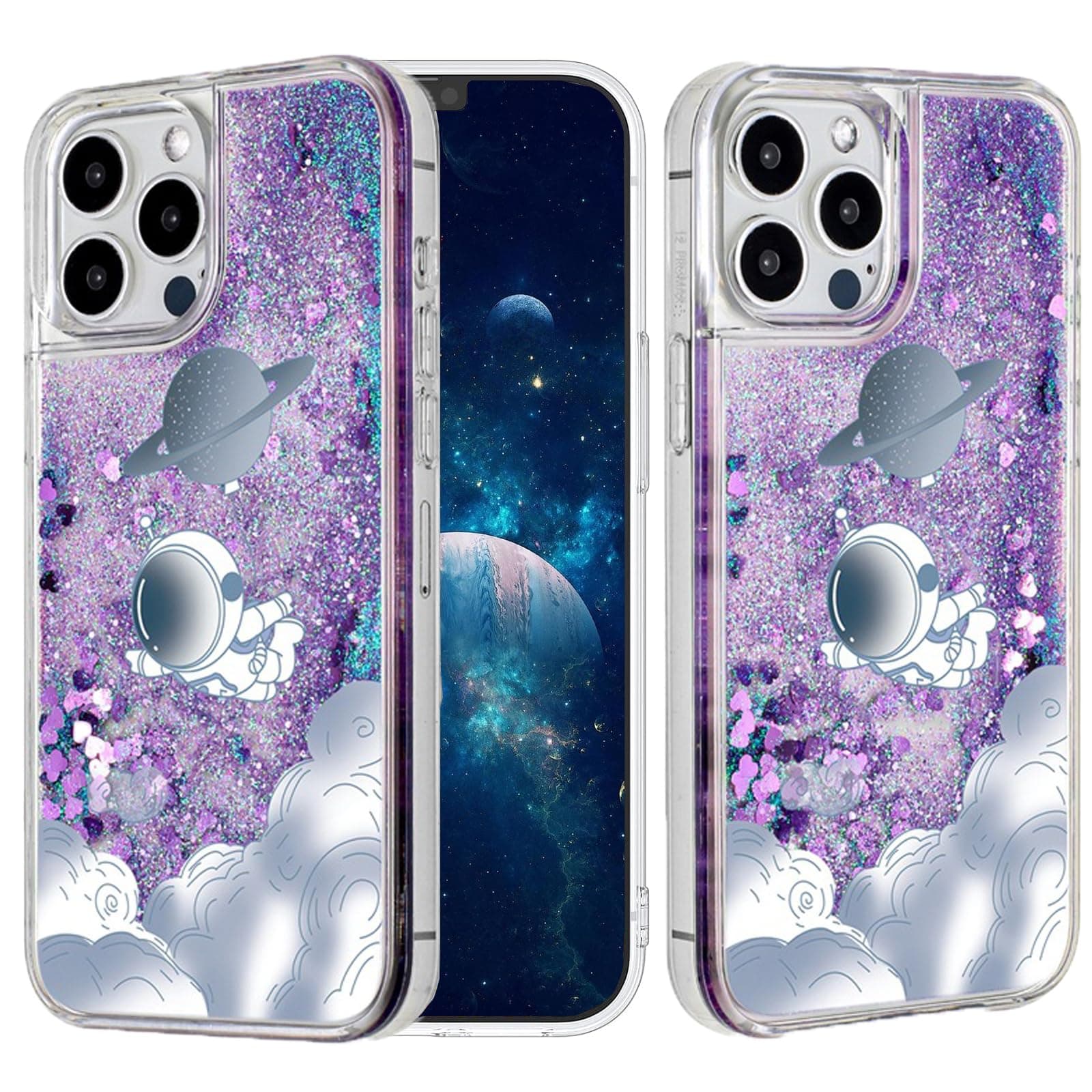 Quicksand Astronaut Case for iPhone 15 Pro Max 6.7'', Cute Space Planet Cloud Star Liquid Floating Flowing Moving Bling Sparkle Shockproof Girl Case for Apple iPhone 15 Pro Max 2023 (Purple)