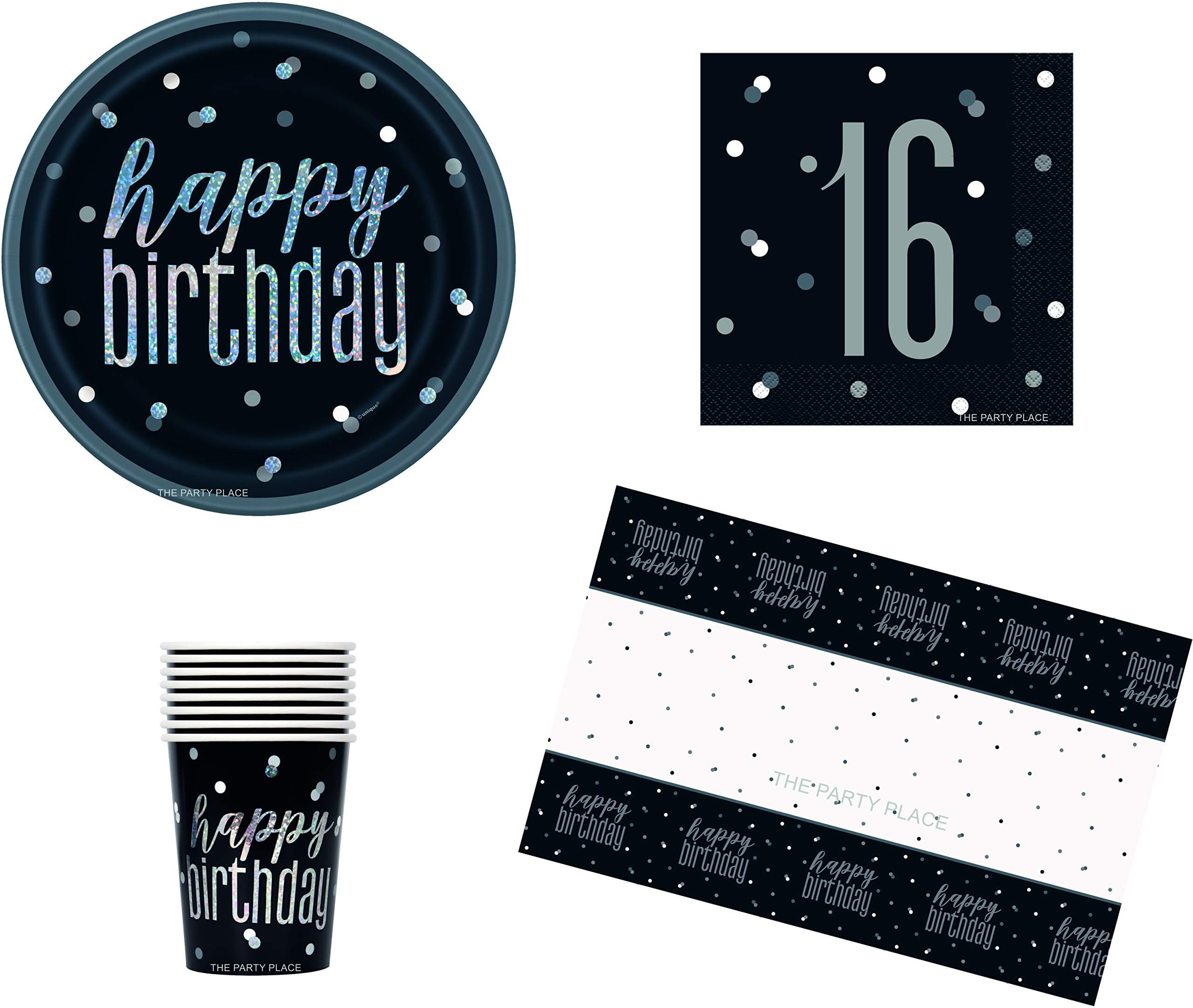 Black Glitz 16th Birthday Party Tableware Pack for 16 by The Partyware Shop