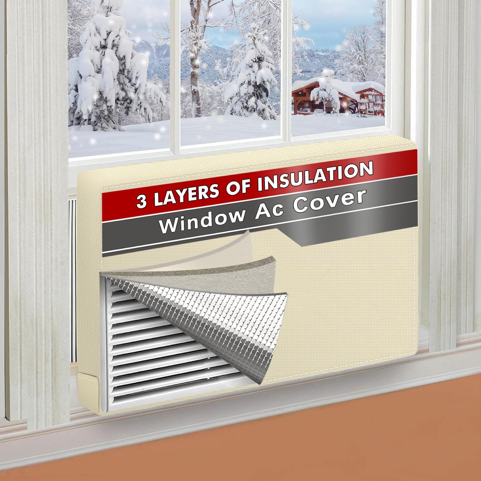 Air Conditioner Covers for Inside 21"W x 15"H x 3.5"D, Windproof and Waterproof 3 Layers Insulation Window Air Conditioner Cover with Aluminum Foil and 2mm Foam, Beige