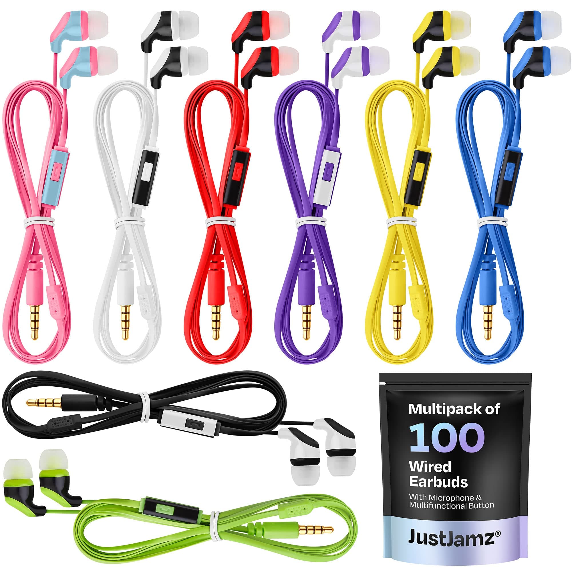 – JustJamz 100x Multipack | Bulk Earbuds with Microphone, For Schools, Classroom, Libraries, Museums, Wired in-Ear Earphones with Mic For Kids, Teenagers & Adults, Affordable Bulk Headphones