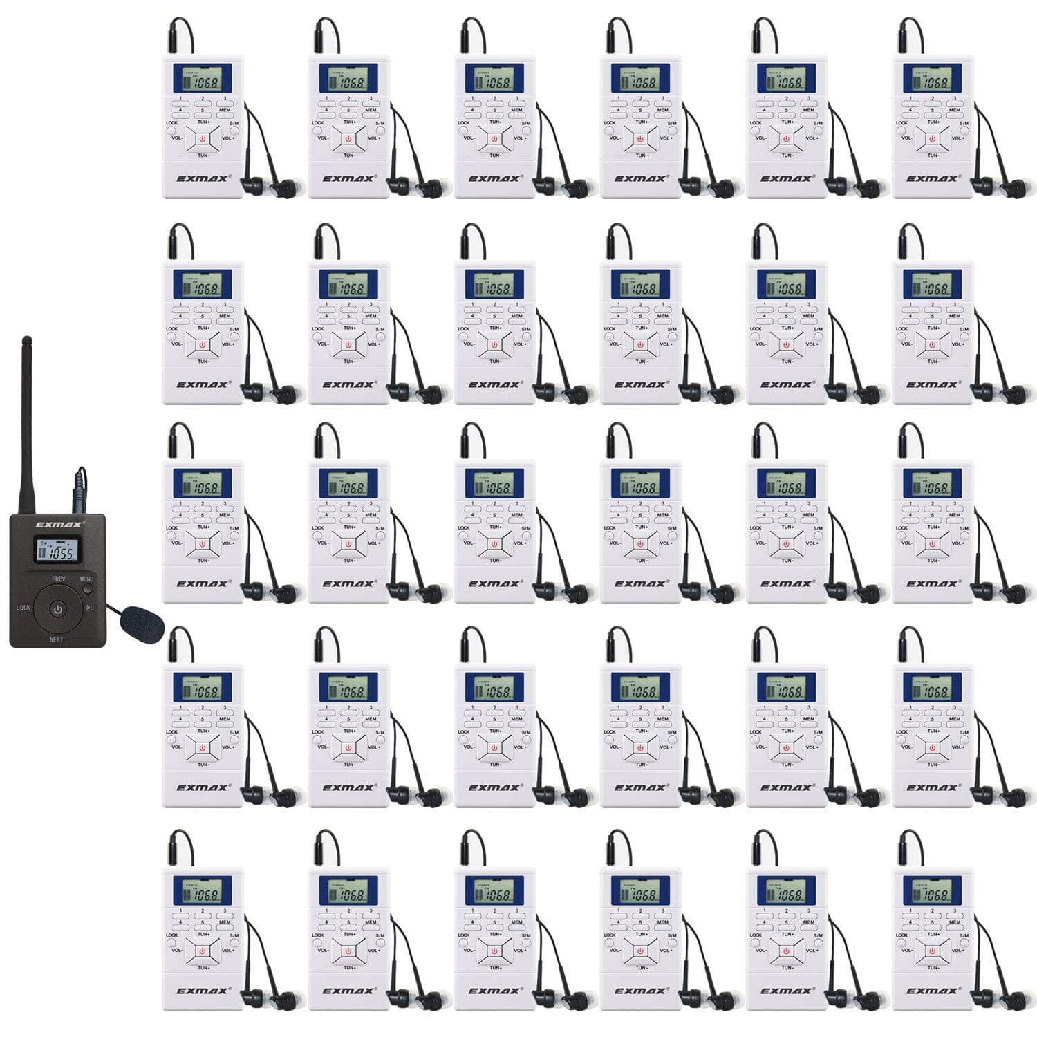 EXMAX E108 DSP Stereo Wireless Headsets FM Radio Broadcast System for Tour Guide Teaching Meeting Training Travel Field Interpretation 1 Transmitter & 30 Receivers (White)