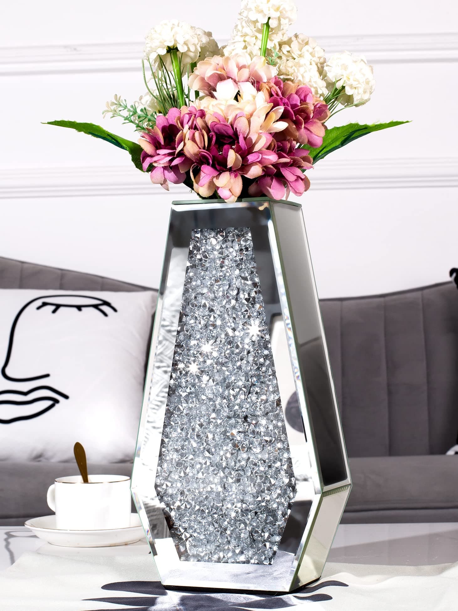 Flower Vase Crushed Diamond Vases for Decor Silver Mirror Vases for Centerpieces, Bling Crystal Decorative Glass Vase for Home Decor, 12 Inch - Can’t Hold Water