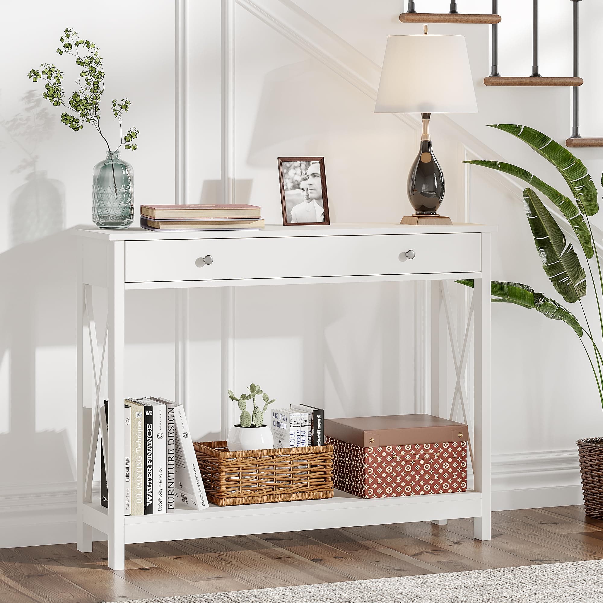 White Console Table with Drawer and Storage Shelves, Foyer Sofa Table Narrow for Entryway, Living Room, Hallway