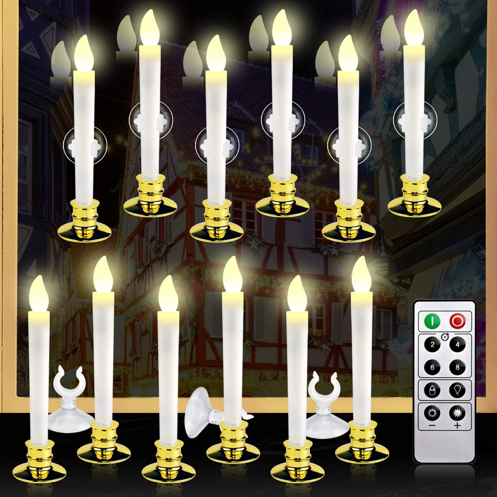 12 Set Christmas Window LED Candle Set with Timer, Gold Holders, Suction Cups & 24 PCS Battery Included