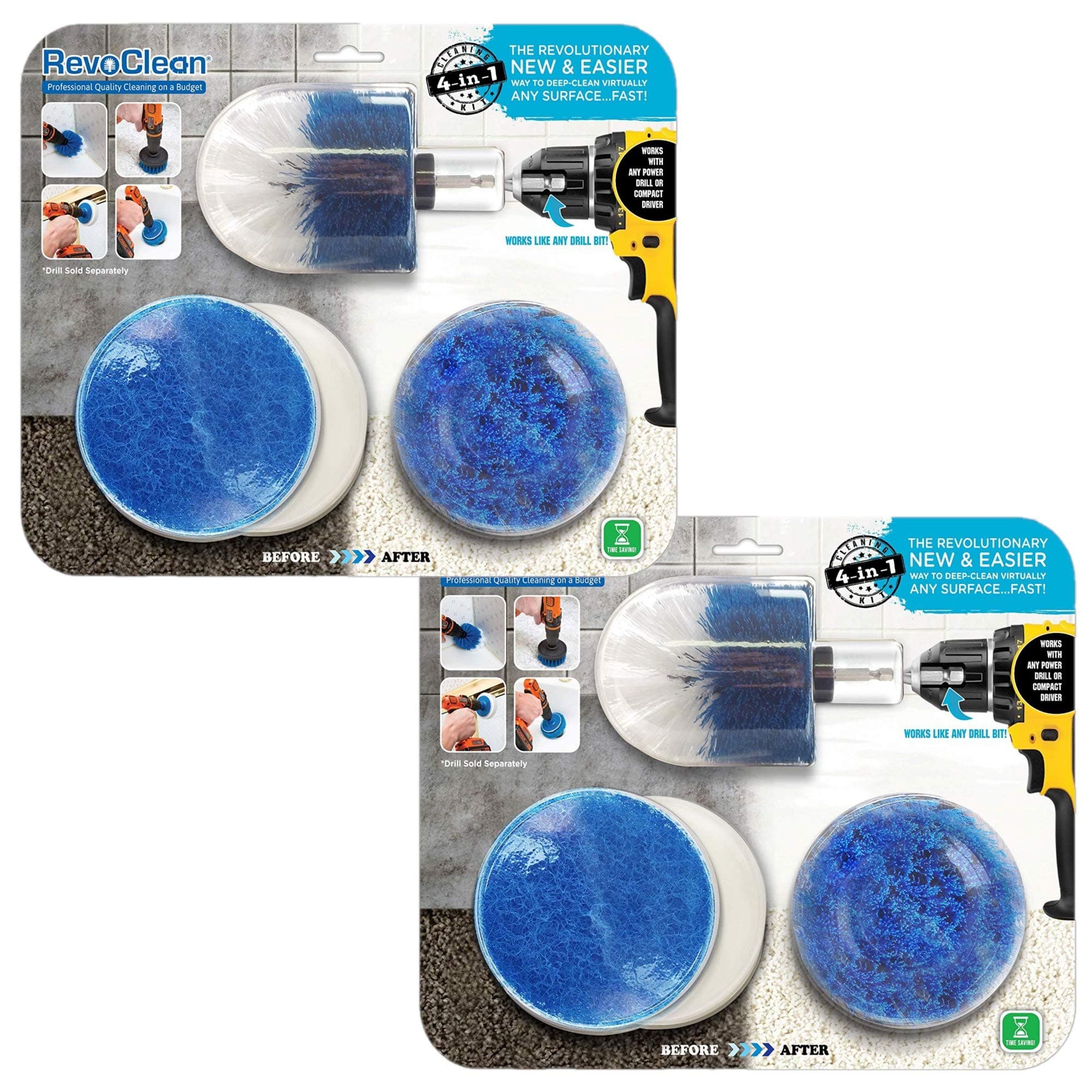 RevoClean 4 Piece Scrub Brush Power Drill Attachments-All Purpose Time Saving Kit-Perfect for Cleaning Grout, Tile, Counter, Shower, Grill, Floor, Kitchen, Blue & White (Pack of 2)