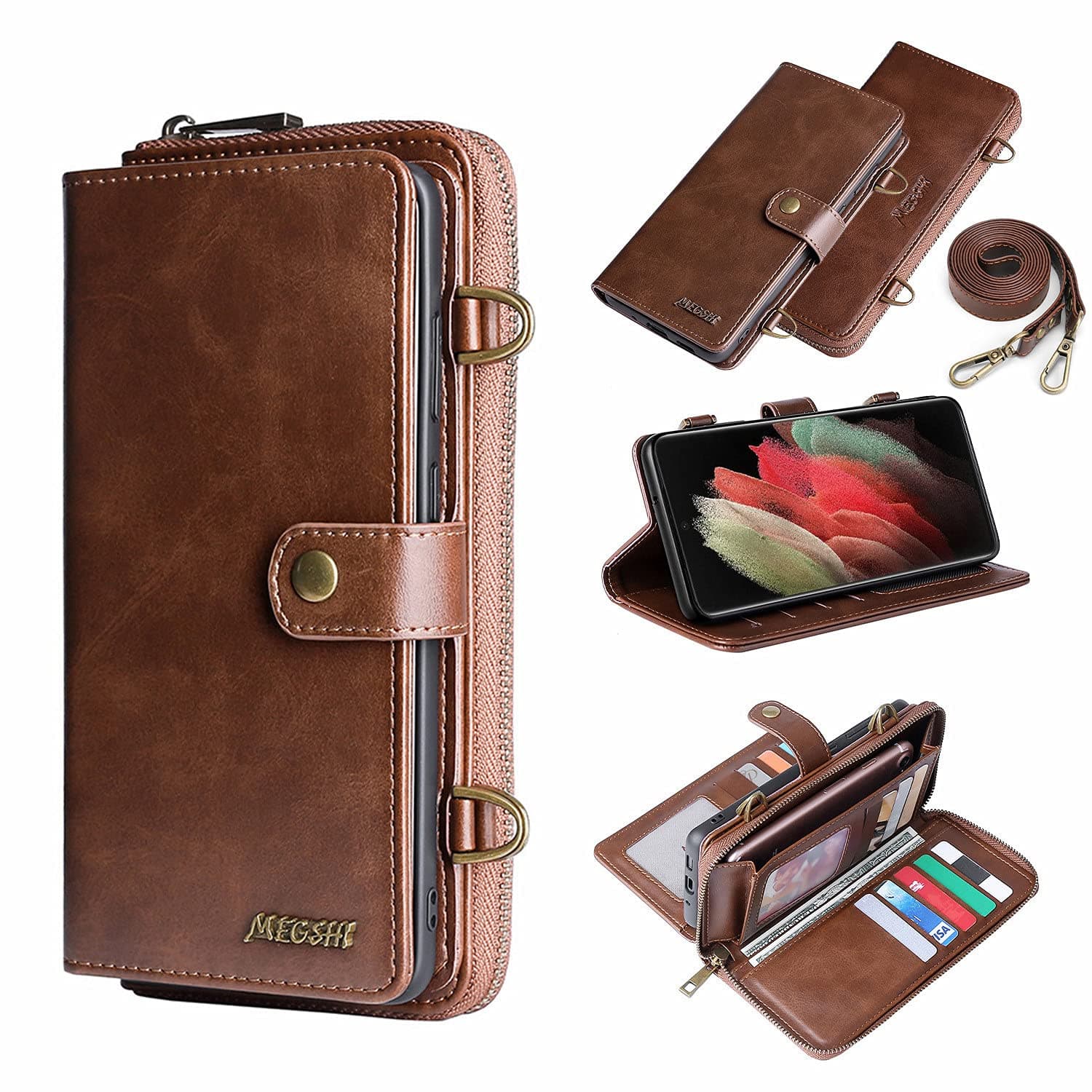 Wallet Case for Samsung Galaxy S21 Ultra, Multi-Function Zipper Leather Magnetic Pocket Wallet Case with Card Slots Holder, Detachable Flip Protective Cover with Crossbody Shoulder Strap (Brown)