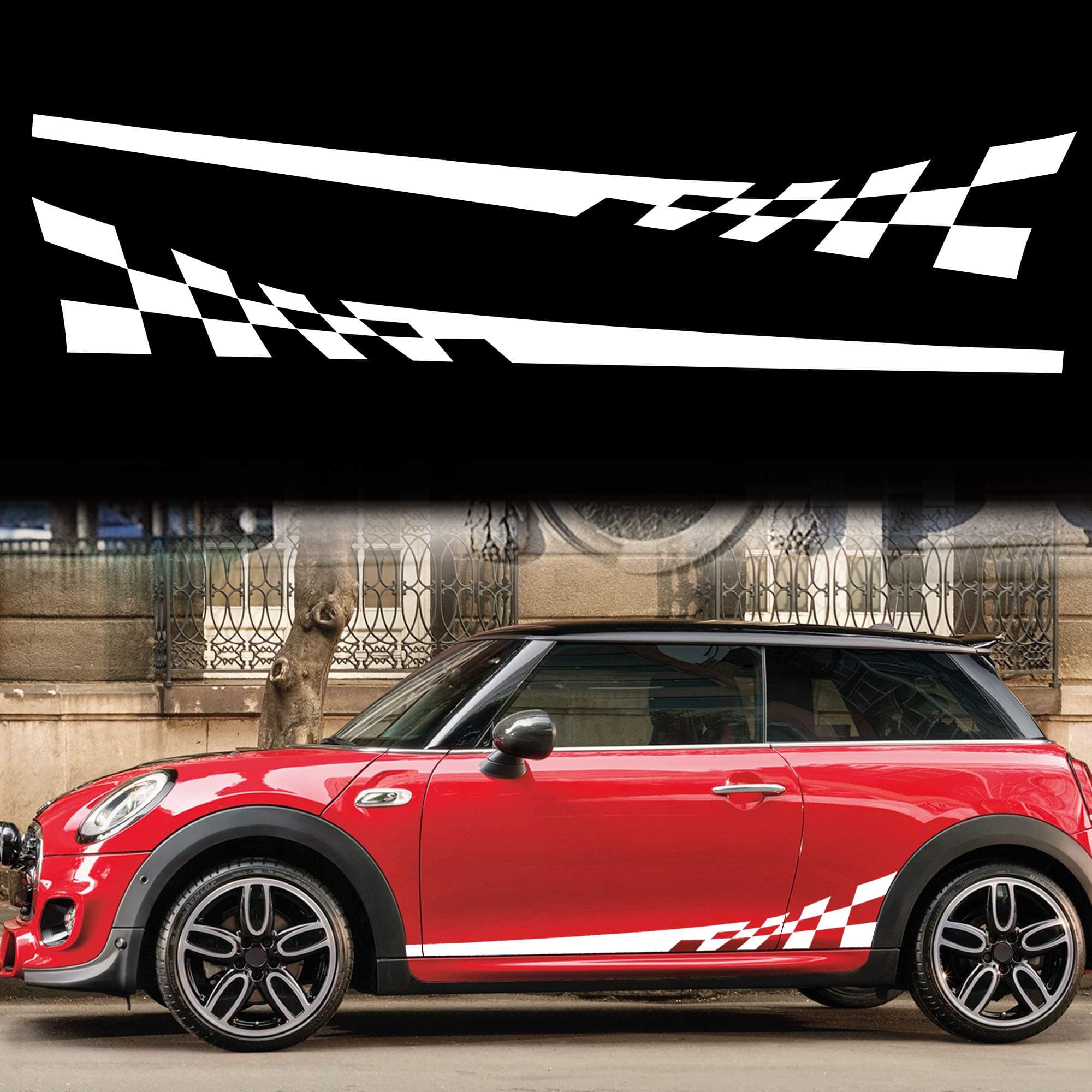 TOMALL 1 Pair 77.2'' Racing Checkered Flag Side Stripe Decals Compatible with Mini Cooper Lattice Grid Stripe Graphic Waterproof Car Door Side Stickers Self-Adhesive Decorations (White)