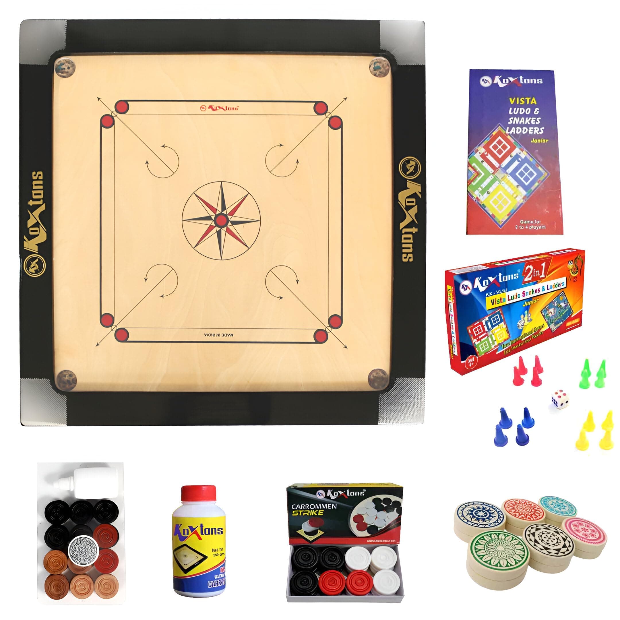 Carrom Board 36 INCH Full Size Cut Pocket with 3" Border & (Super) with STRICKER & Accessories and Vista 11 INCH Ludo Snakes and Ladder