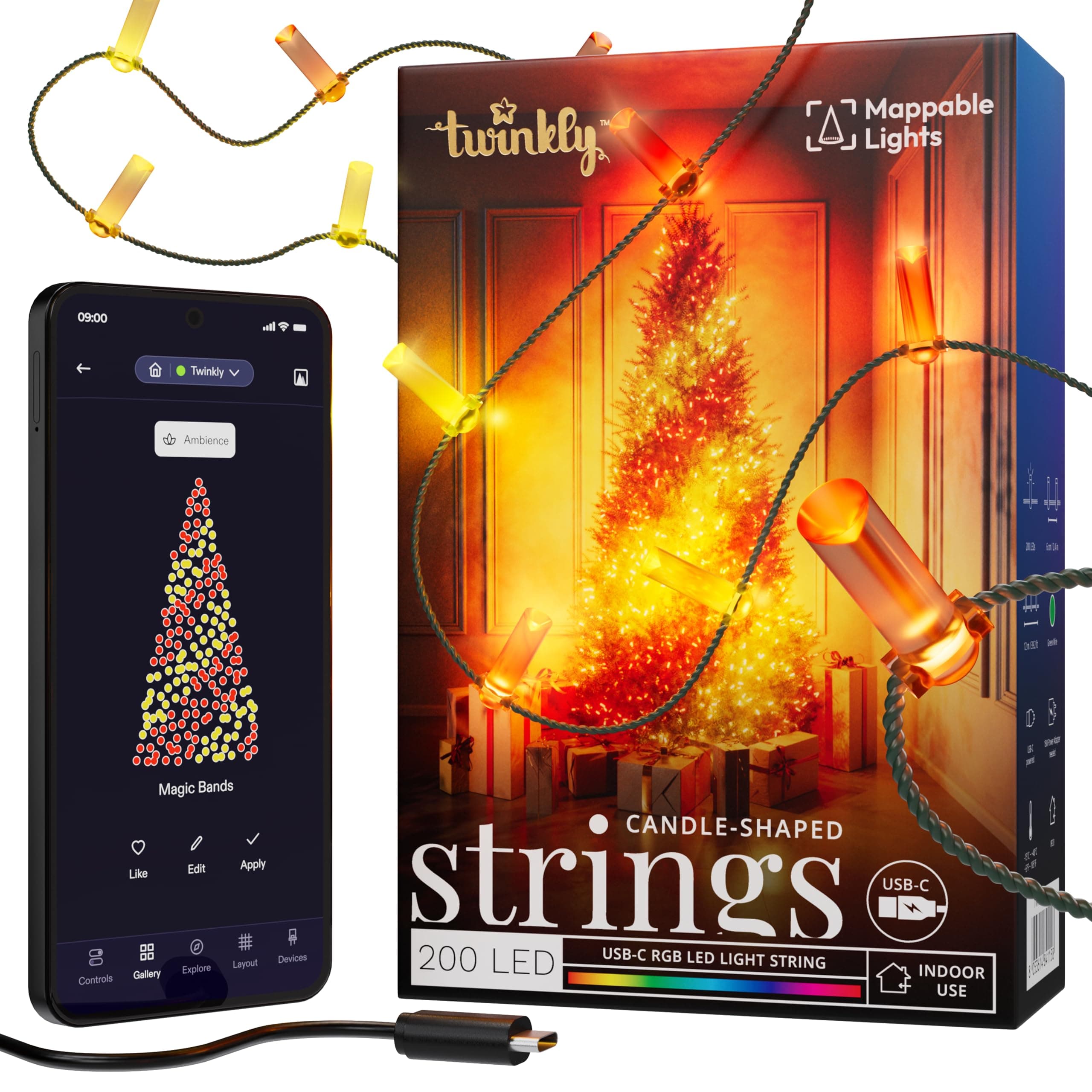 Candies App-Controlled Candle-Shaped LED Light String with 200 RGB (16 Million Colors) LEDs. 5 Meters / 16.4 Feet. Green Wire. USB-C-Powered. Indoor Smart Home Lighting Decoration
