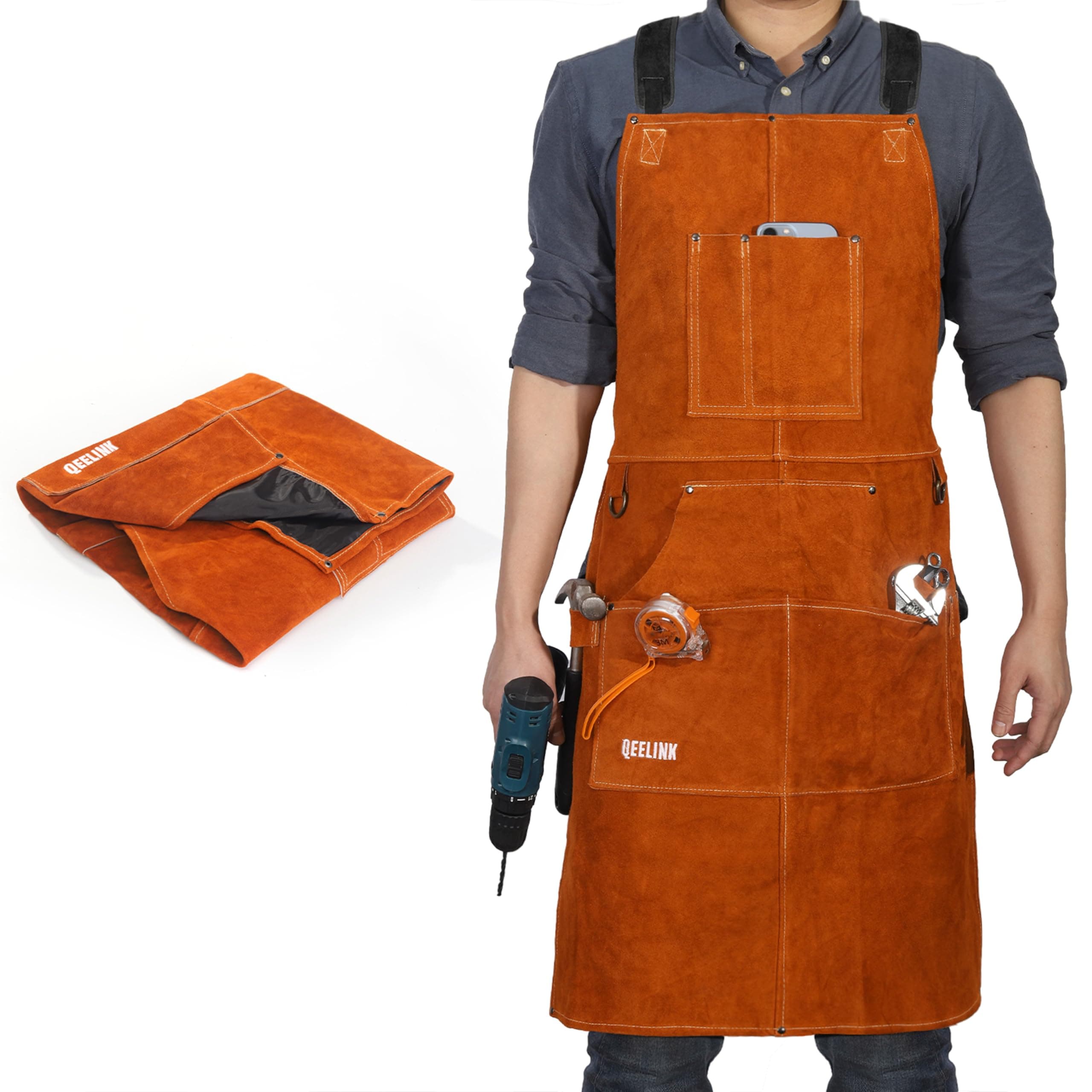 QeeLink Leather Welding Work Apron with 6 Tool Pockets, Heat & Flame Resistant Apron, 24" x 36", Adjustable M to XXXL, Brown, Small-5X-Large