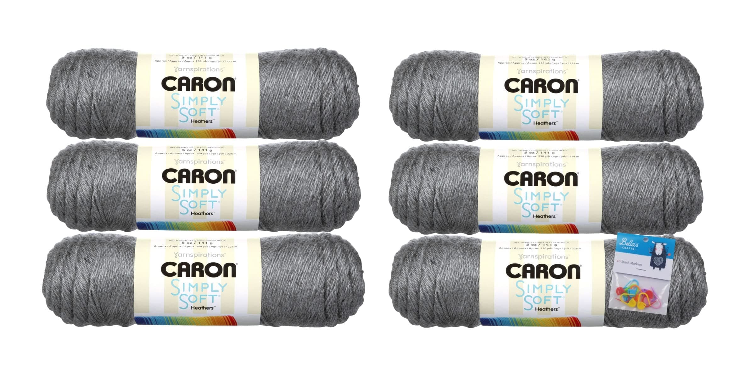 Caron Simply Soft Yarn - 6 Oz - 6 Pack Bundle with Bella's Crafts Stitch Markers (Gray Heather)