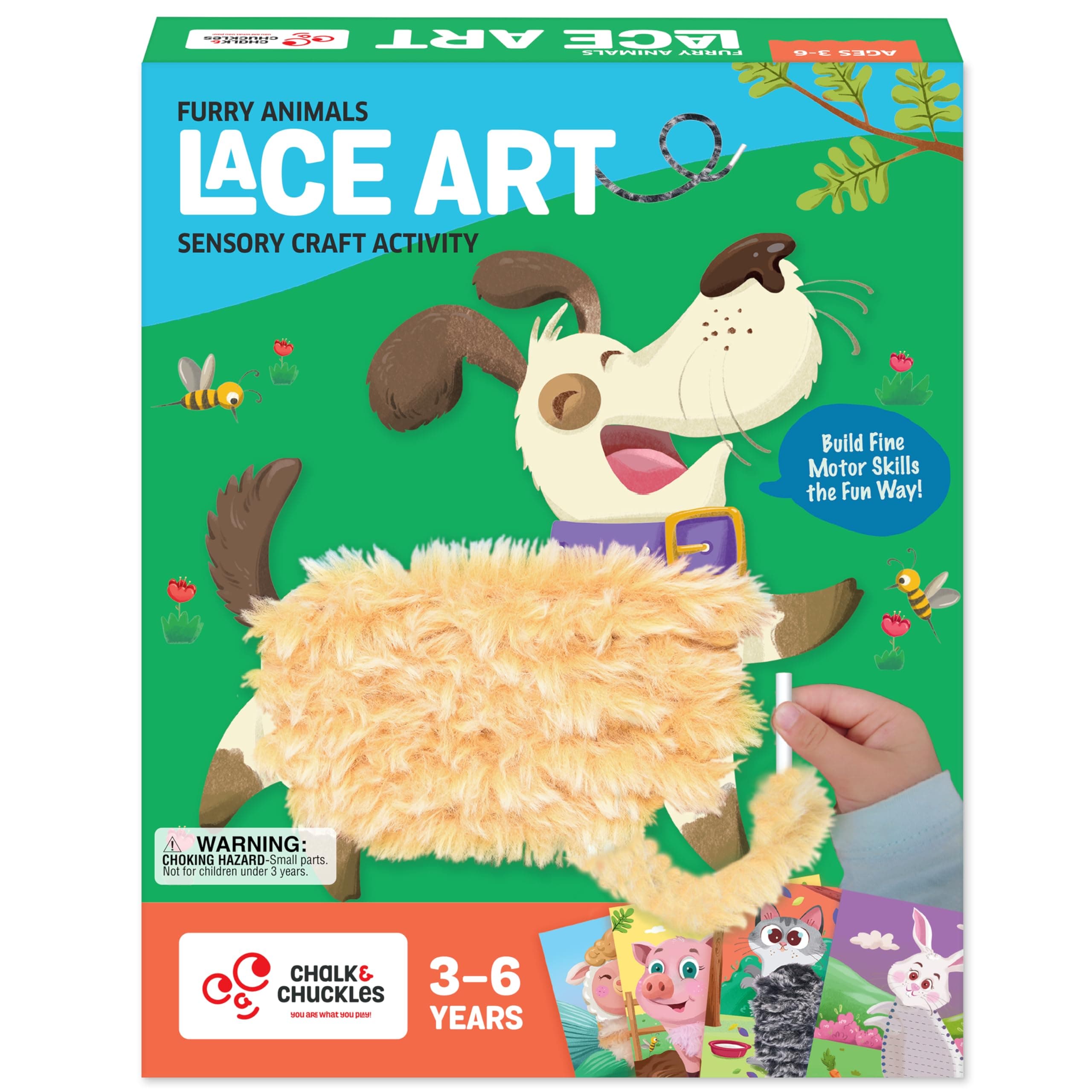 - Chalk and Chuckles Lace Art Furry Animals, Develop Fine Motor Skills, Lacing Activity for Kids, Preschooler DIY Craft Kit, Birthday Gifts for Boys & Girls, Ages 3, 4, 5, 6, 7 Years, Travel Friendly