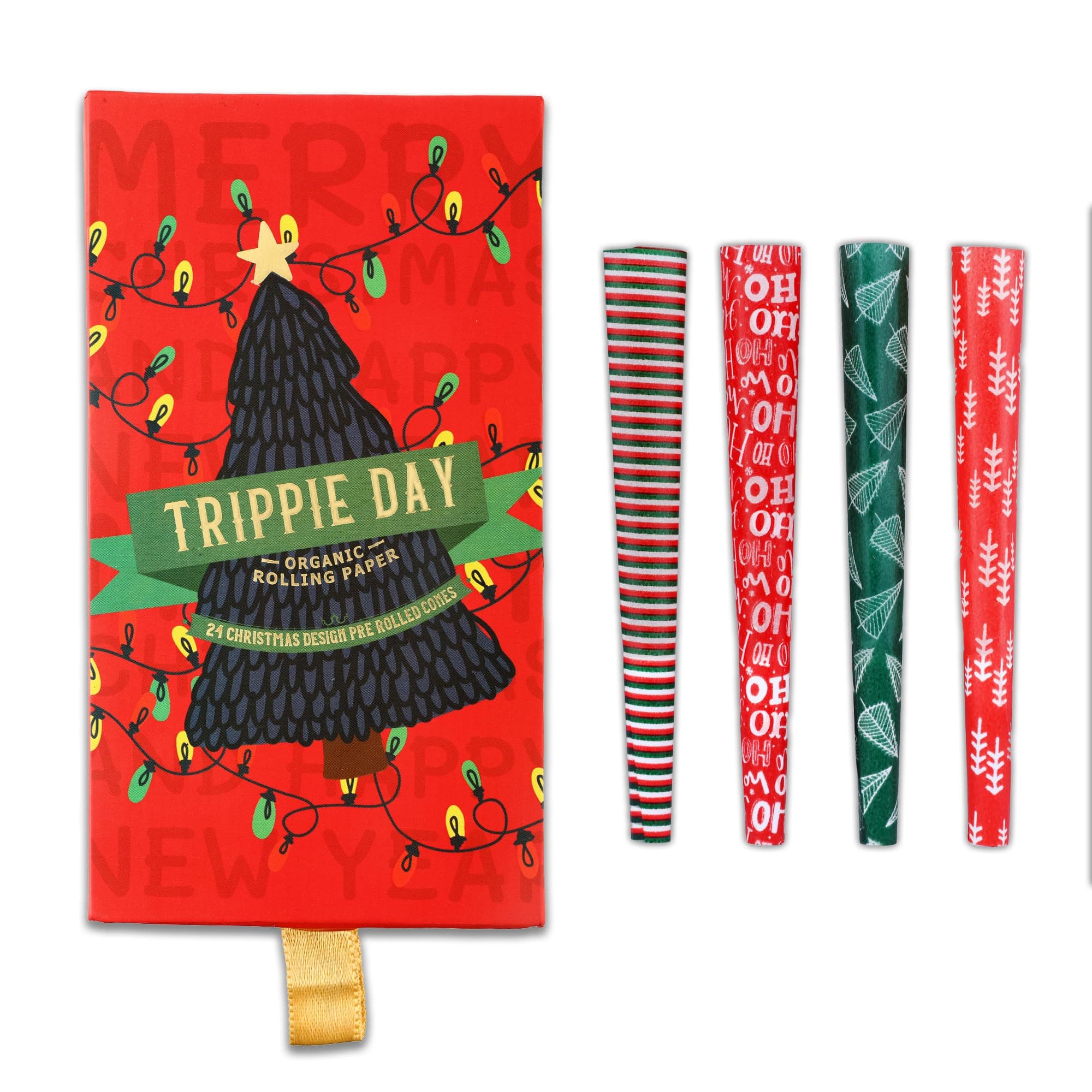 Printed Pre-Rolled Cones - 24 Pack with 4 Unique Holiday Christmas Designs | 1 1/4 Size | Food-Grade Soy Ink Safe for Consumption | Giftable Box for Festive Celebrations