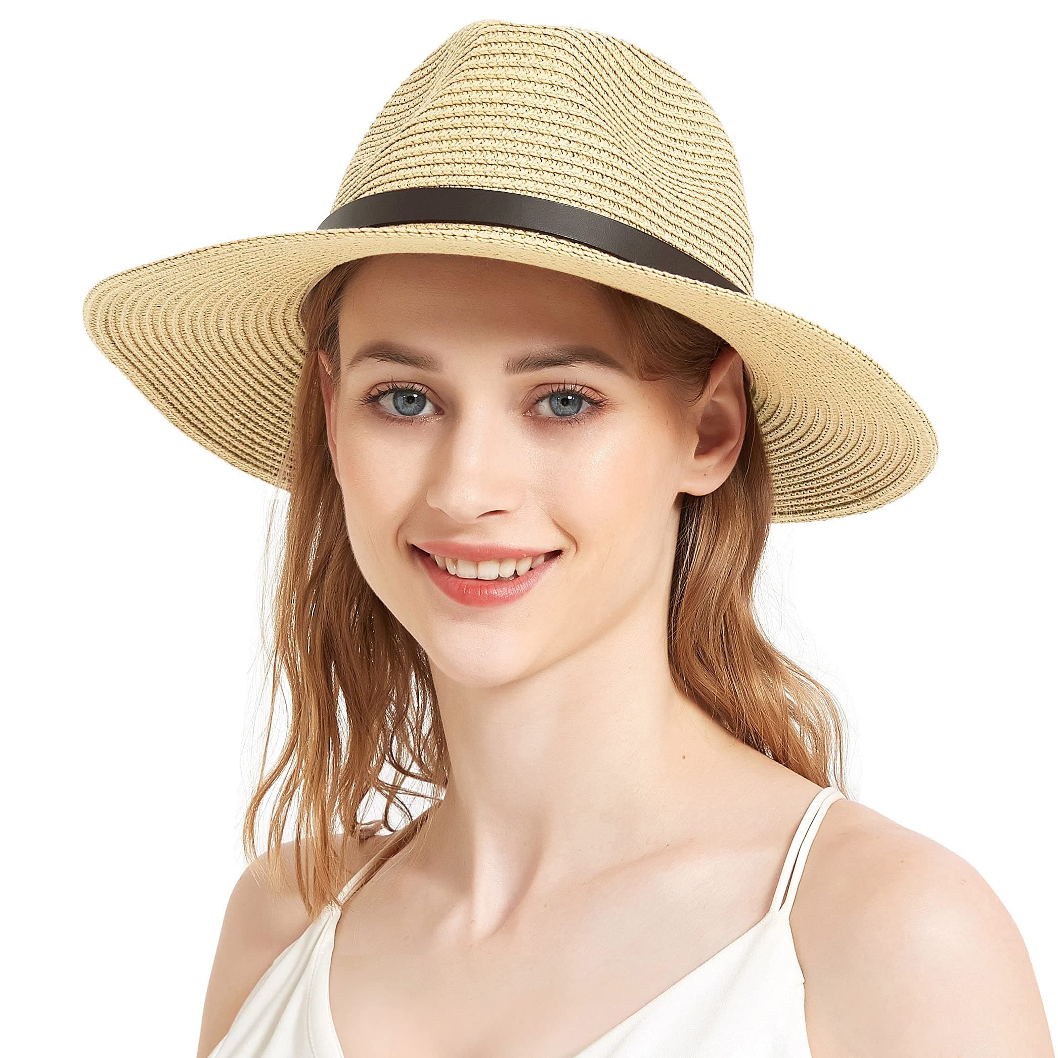 EINSKEY Womens Straw Cowboy Hat Shapeable Floppy Sun Hat Wide Birm Fedora Panama Hat for Beach