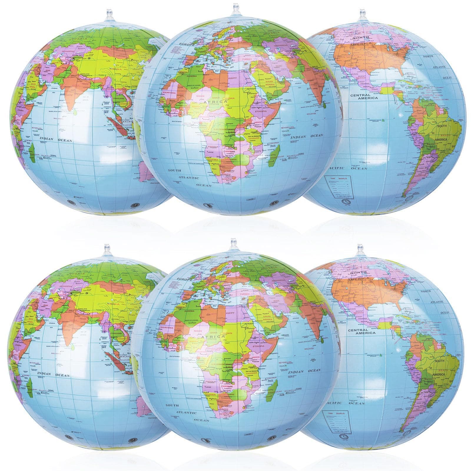 Globe Beach Ball Blow Up World Globe Inflatable Globe Beach Ball Earth Beach Ball Topographic Map Globes PVC Giant Globe Beach Ball for Kids School Classroom Geography Party Supplies (6 Pieces)
