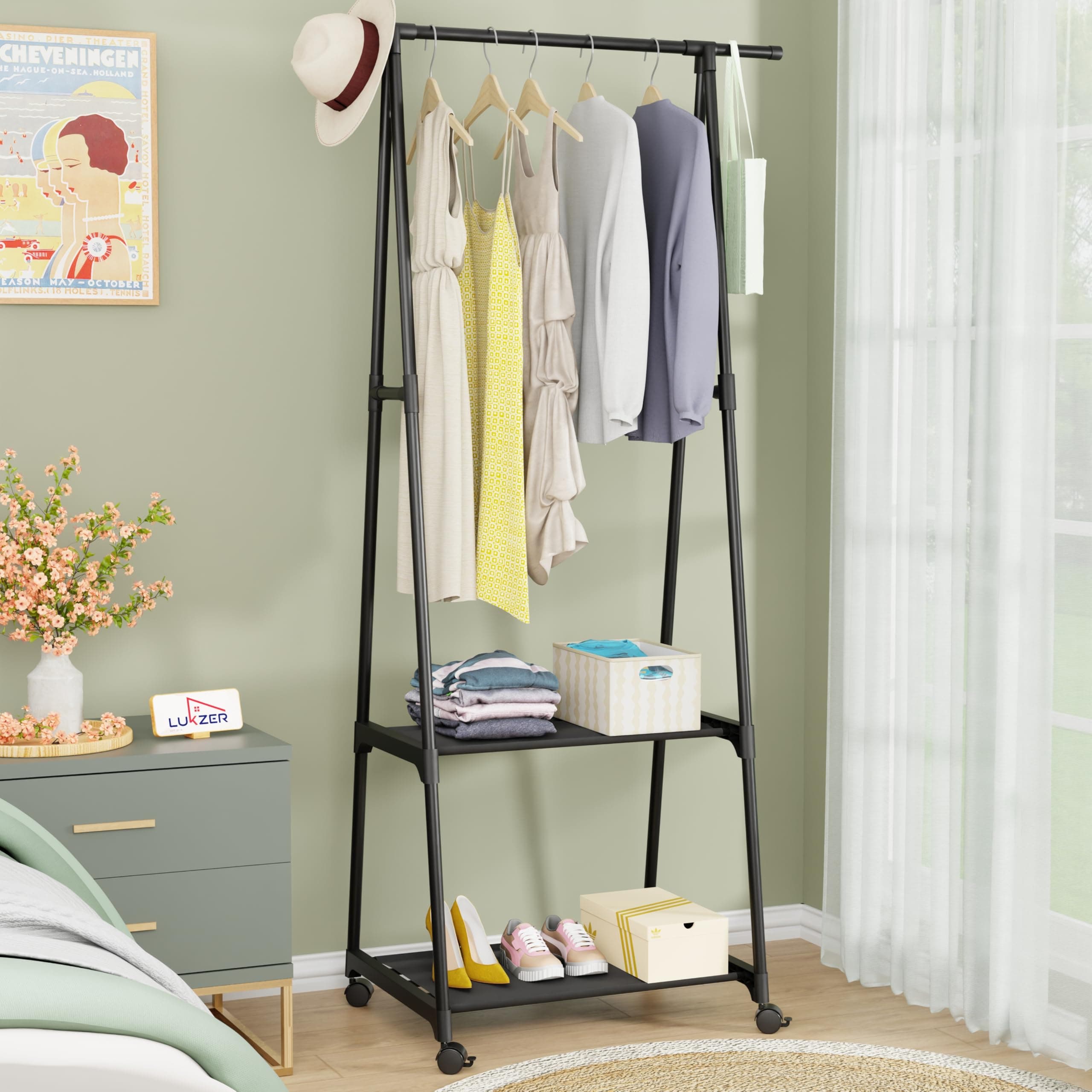 Lukzer A-Shape MGR-010/Black Garment Rack | Multipurpose Coat Hanger, Clothes Organizer with 2 Bottom Shelves, Space-Saving Storage, Stylish Home Decor, Clothing Display (160 x 55 x 42cm)
