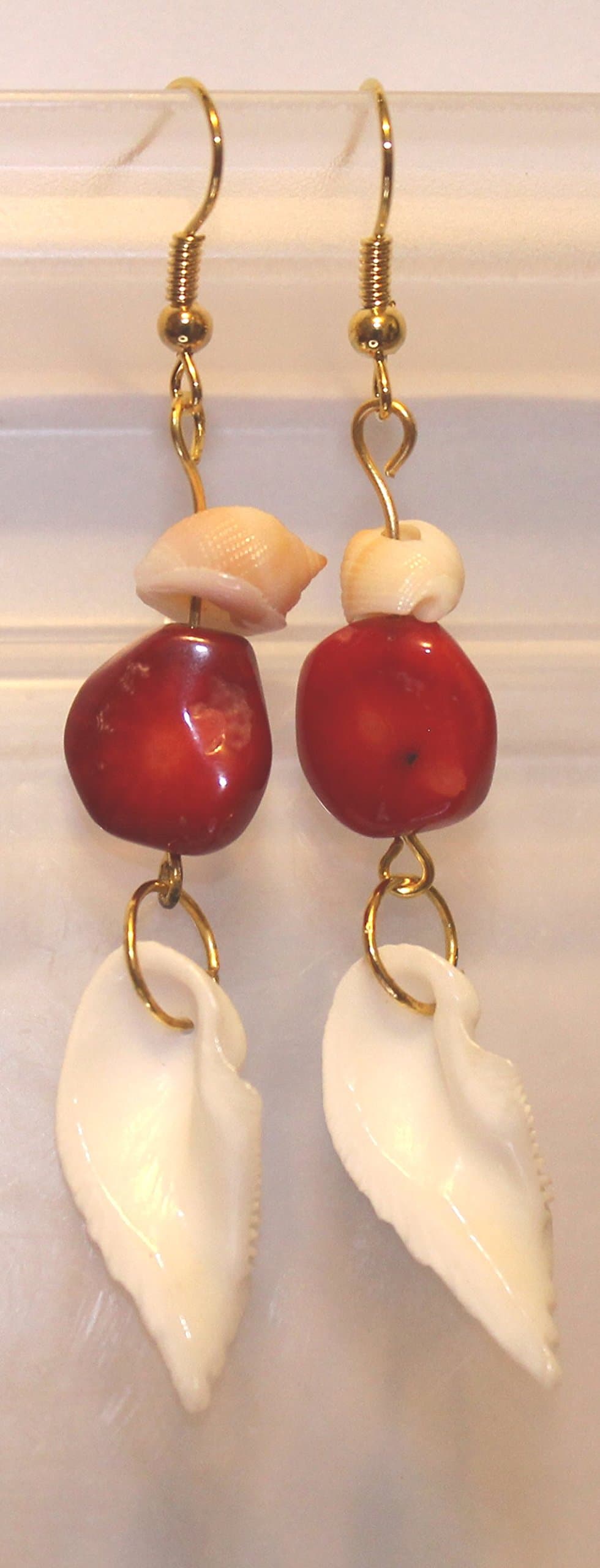 Boho Style Angel Wing Shell with Red Dyed Coral Bead and Tiny Shells, Gold Tone Fish Hook Earrings