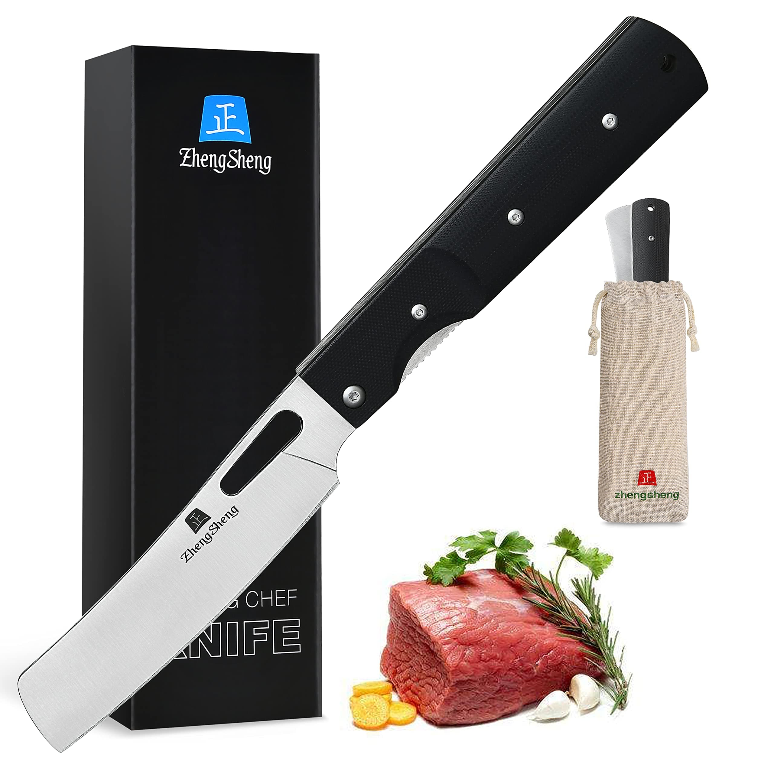 ZhengSheng Folding Chef Knife 4.8" Sharp 440A Stainless Steel Blade G10 Handle Pocket Foldable Japanese Style Kitchen Knife for Outdoor Camping Cooking
