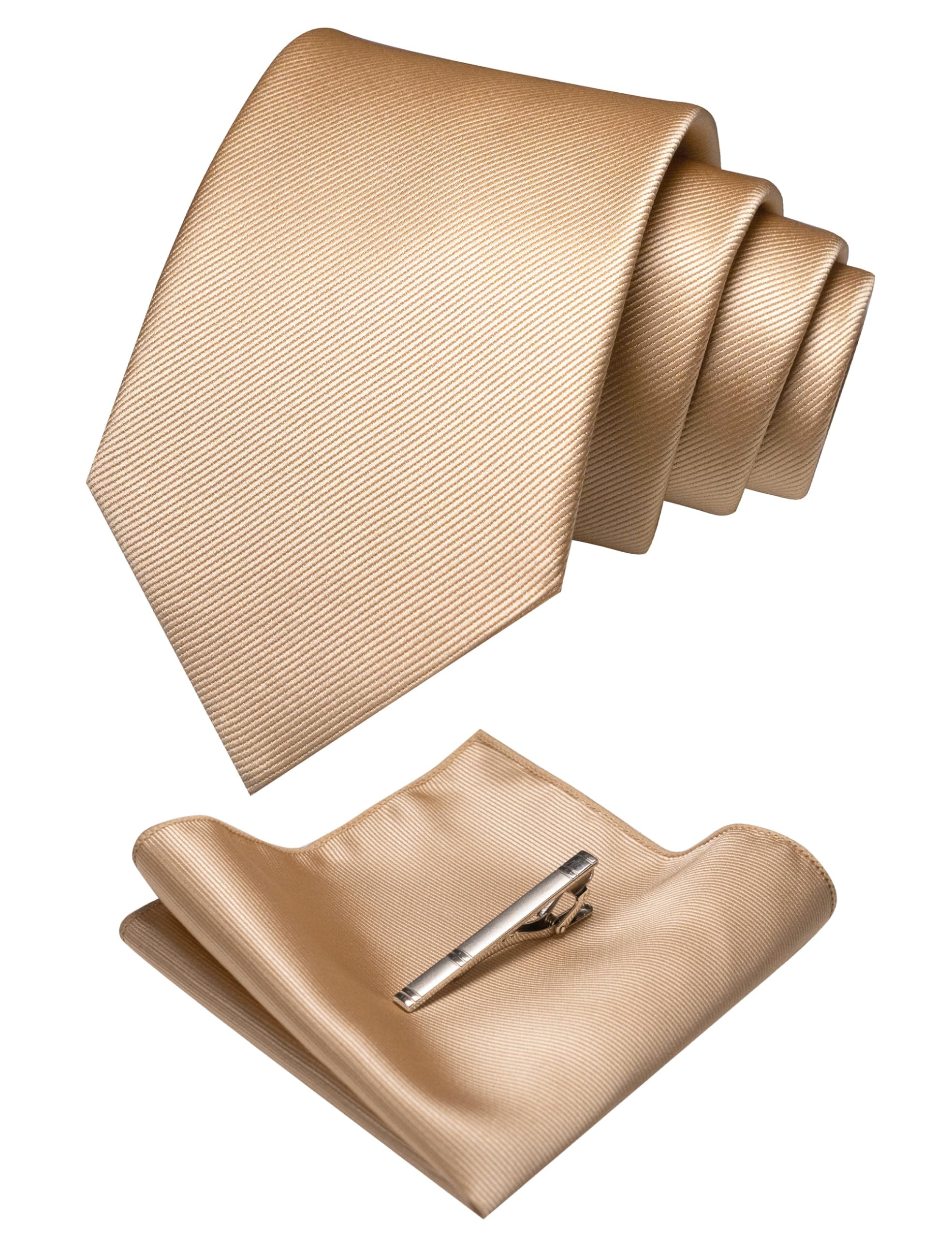 Solid Color Formal Necktie and Pocket Square Tie Clip Sets for Men