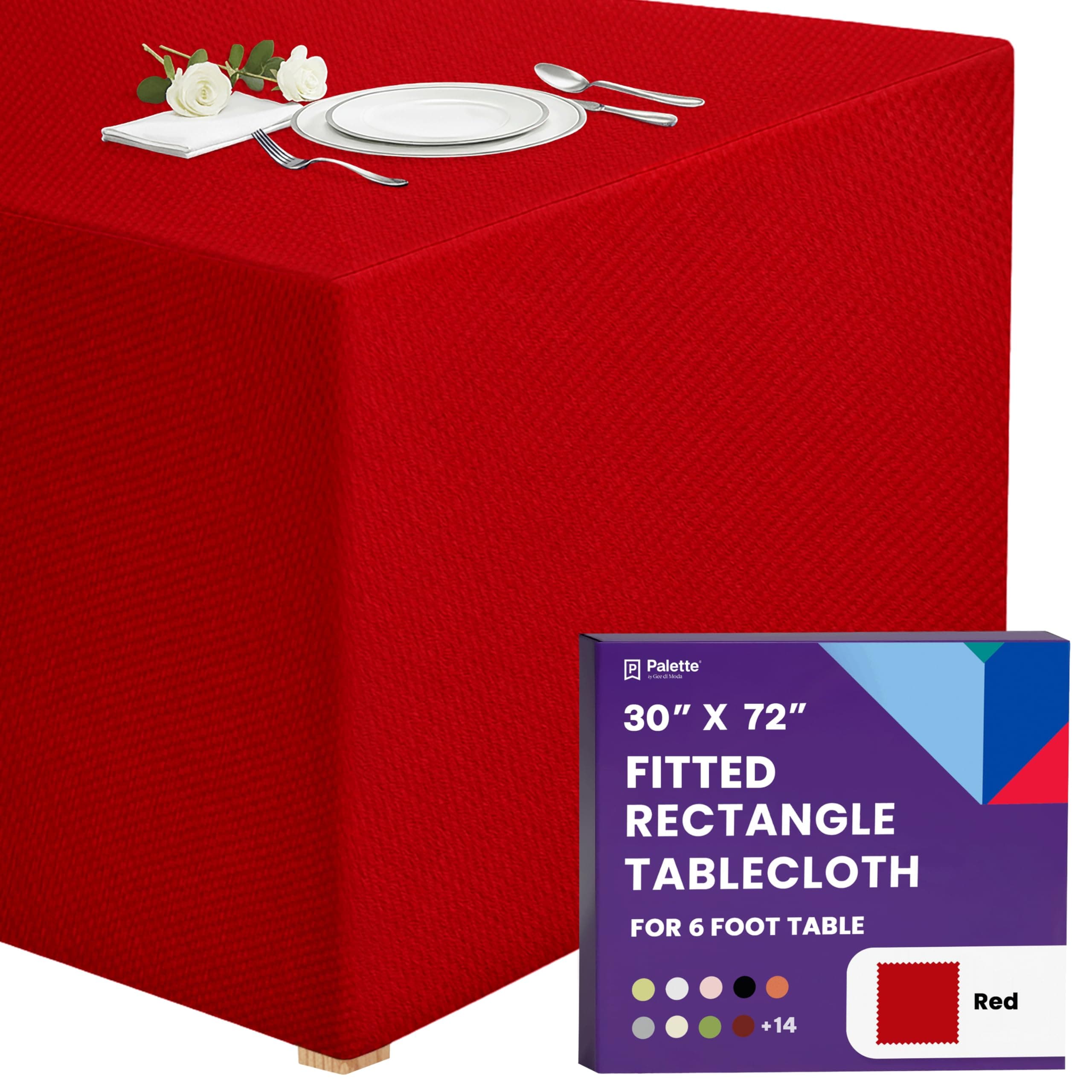 Gee Di Moda Fitted Tablecloth - 72 x 30 Inch Red Floor-Length Fitted Table Cloth for 6 Foot Rectangle Table, Heavy Duty Washable Fabric for Parties, Dinner, Weddings, Baby Shower & Trade Show