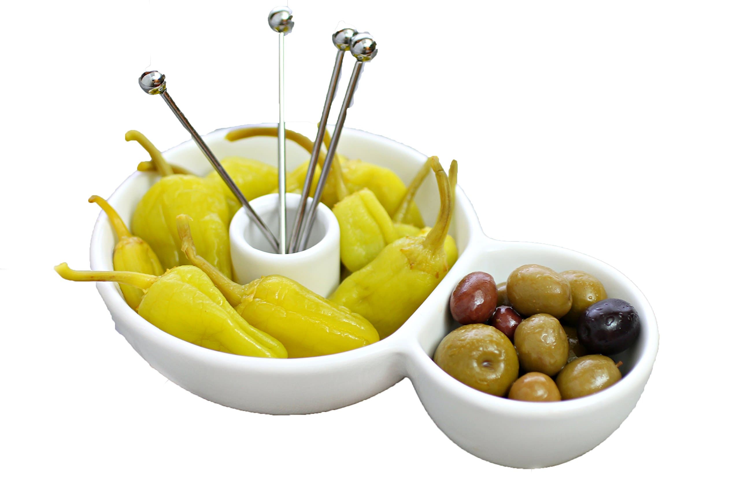 Uno Casa Snack Serving Set - 5 Piece Set with Bowl & 4 Appetizer Picks - Modern Design - 7 x 4.8 x 1.6in - Durable Ceramic Construction - Dishwasher Safe