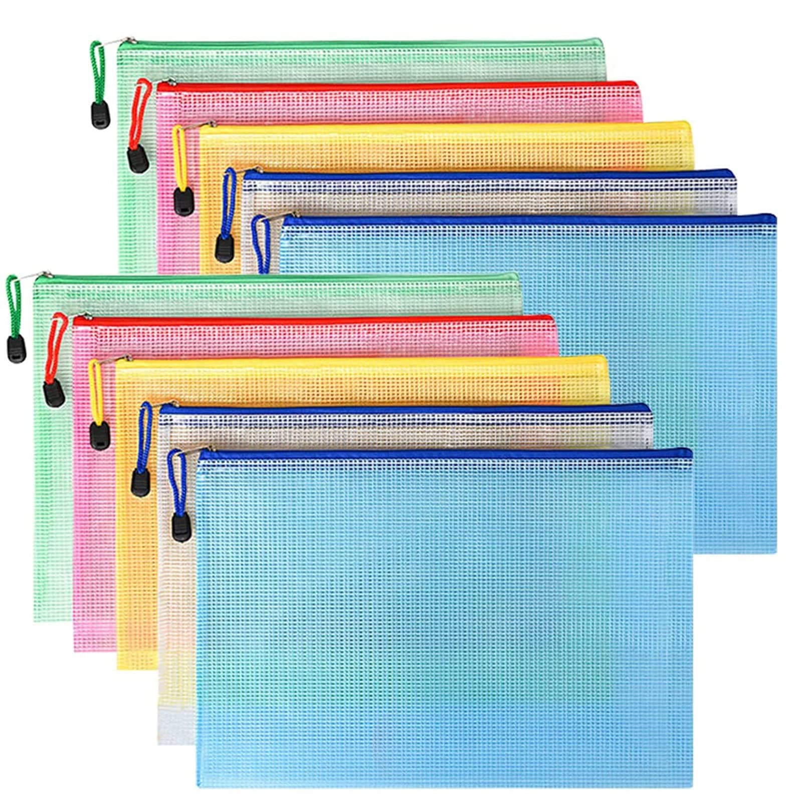 Mesh Clear Zipper Pouch,10Pcs A4 Size Durable Plastic Zip Wallets Folders Waterproof Mesh Document Bags School Stationery Organizer for Travel Packing