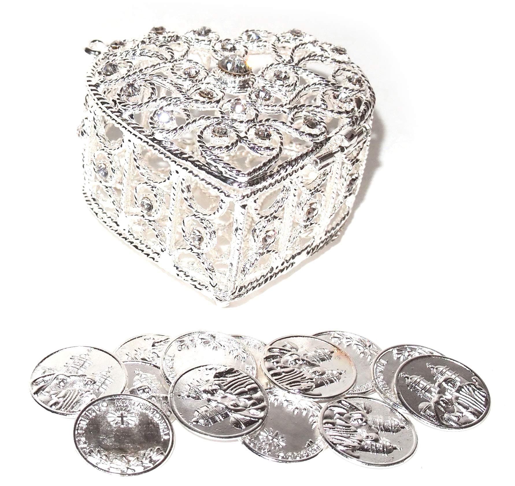 Joice Decorative Rhinestone Wedding Arras Heart Shape Box Set 2¼” X 1½” X 2" (Silver)