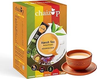 Chaizup Premium 1 Min Instant Karak Tea Premix – Assorted Pack (12 Sachets, 5 Flavors) | Milk Tea, Saffron, Ginger, Masala, Cardamom | 12 Sachets