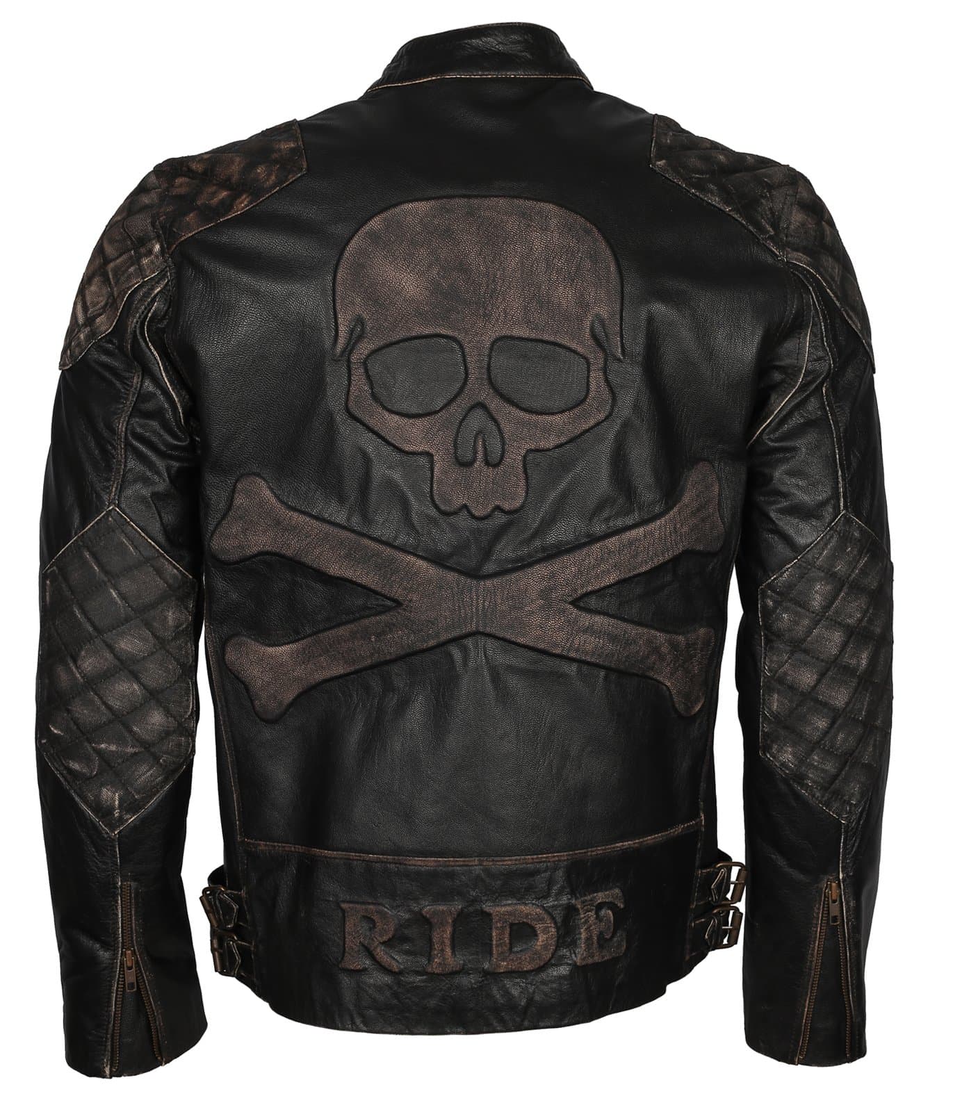 Men Skull Embossed Vintage Black Motorcycle Leather Jacket