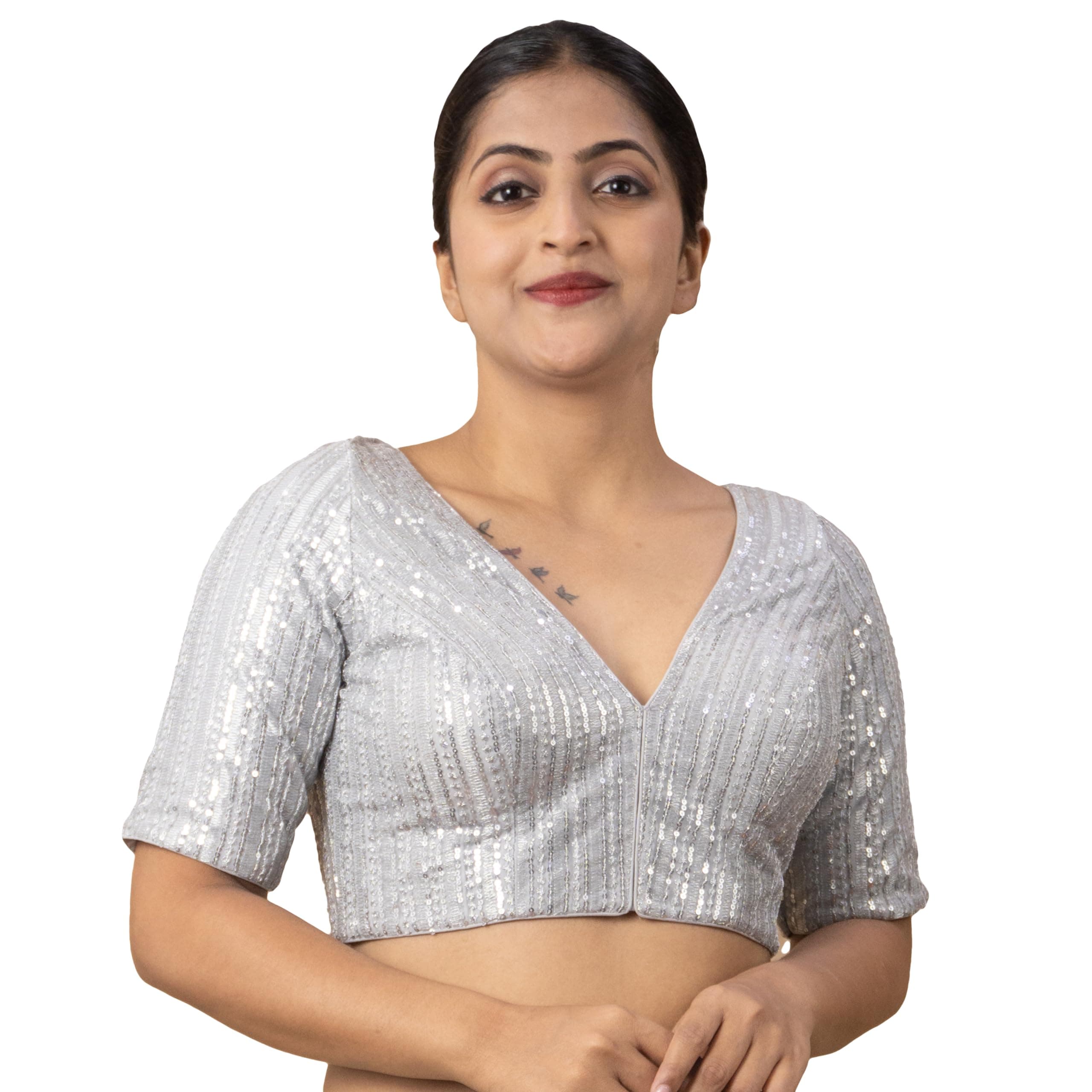 Women's Sequin V Neck Elbow Half Sleeve Readymade Saree Blouse E1