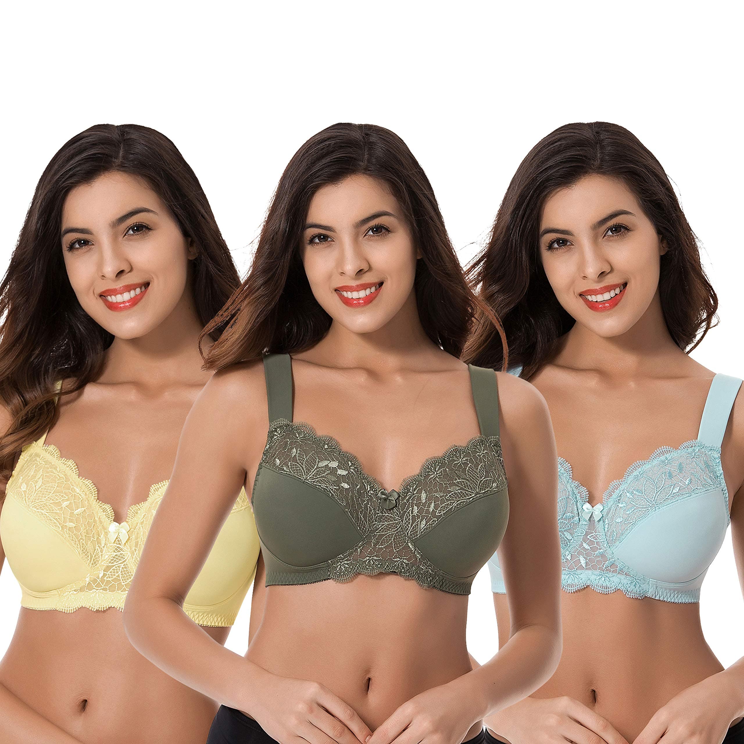 Curve Muse Plus Size Unlined Minimizer Wirefree Bras with Embroidery Lace-3Pack