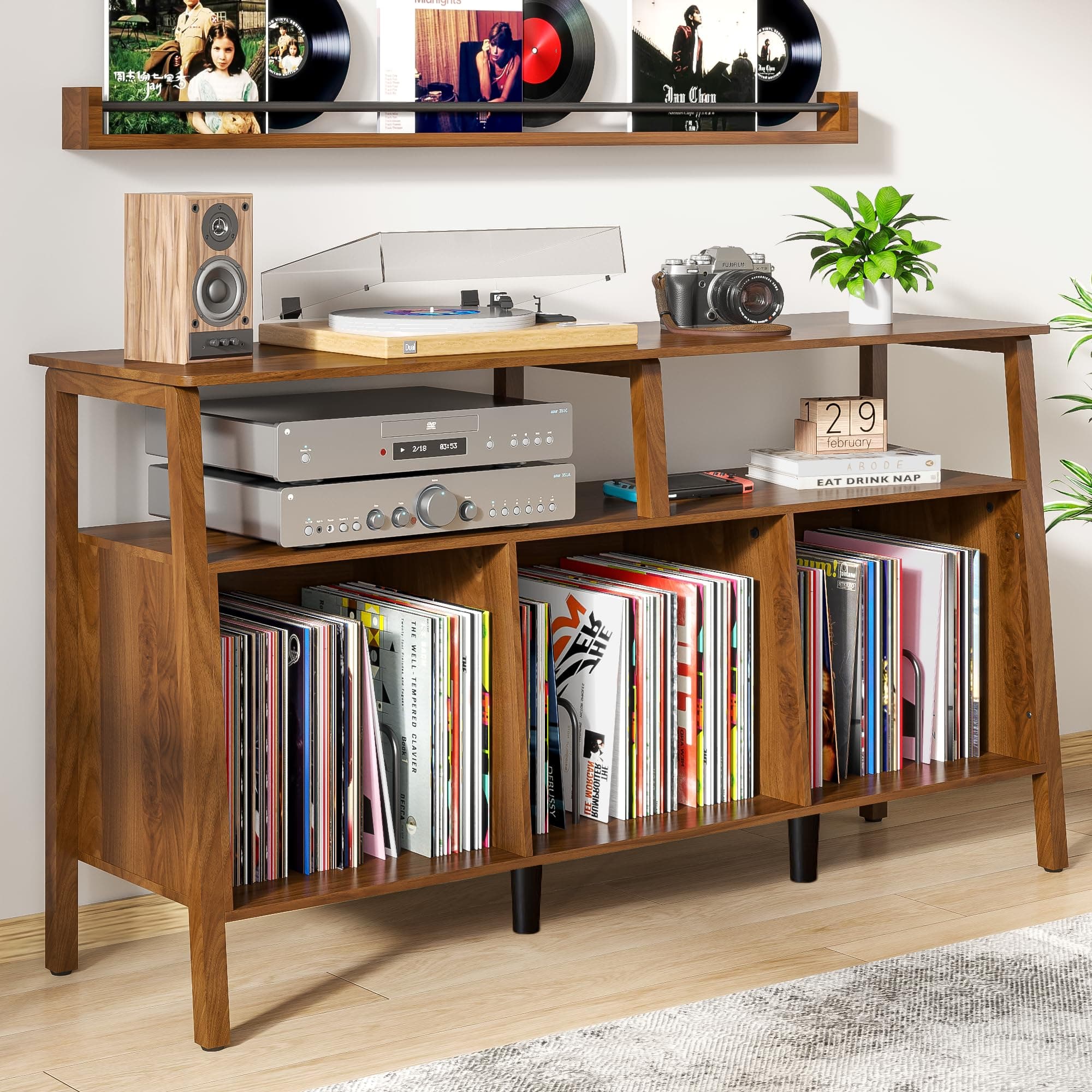 Large Record Player Stand,Mid Century Turntable Stand Table with Open Storage Holds up to 450 Albums,Vinyl Record Storage Display Shelf for Living Room Bedroom (55.12'' Walnut)